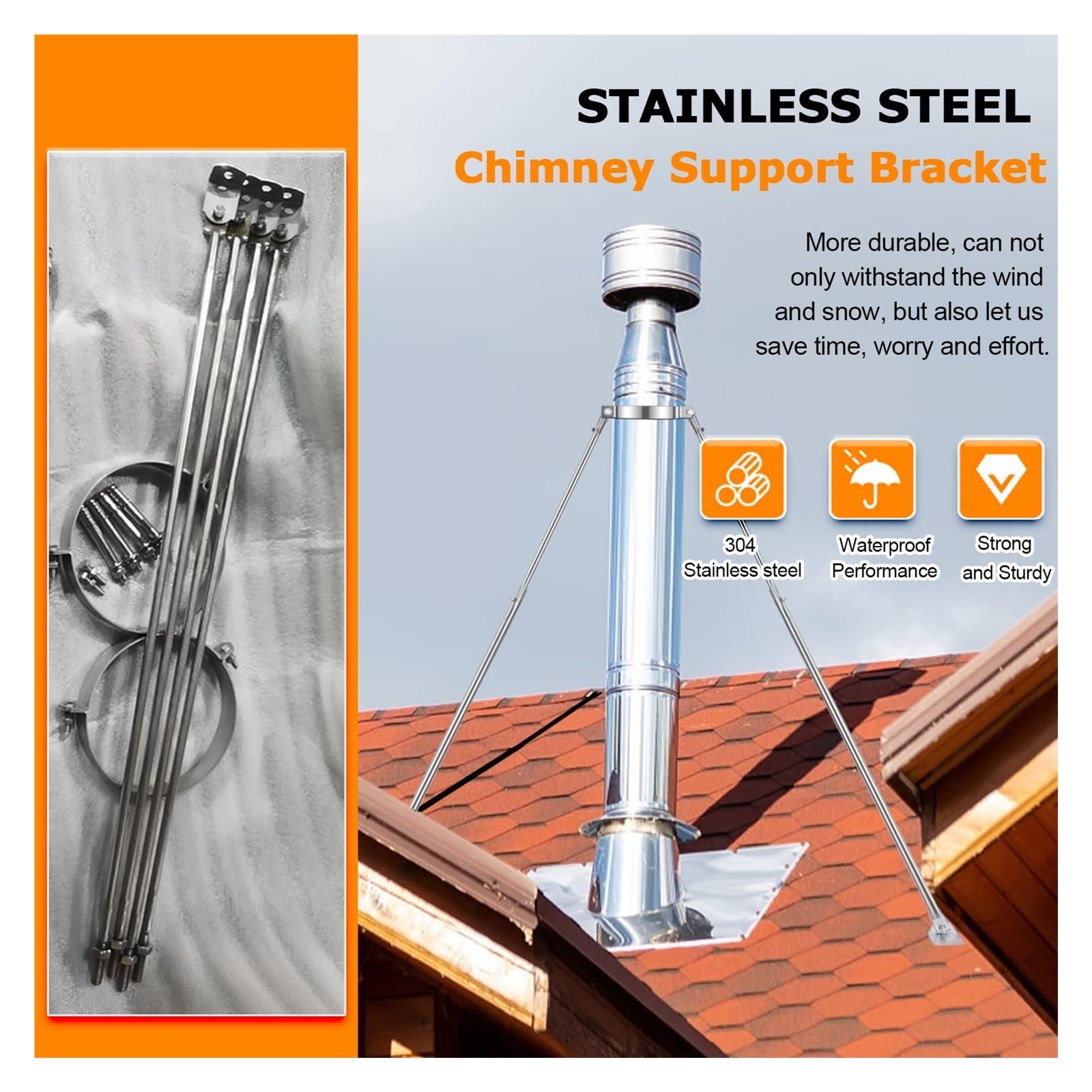 Soporte de tubo de chimenea for estabilidad contra el viento, soporte de pared universal extendido for estufas de leña en lofts o cabañas de troncos(Hoop Dia 10"(250mm))