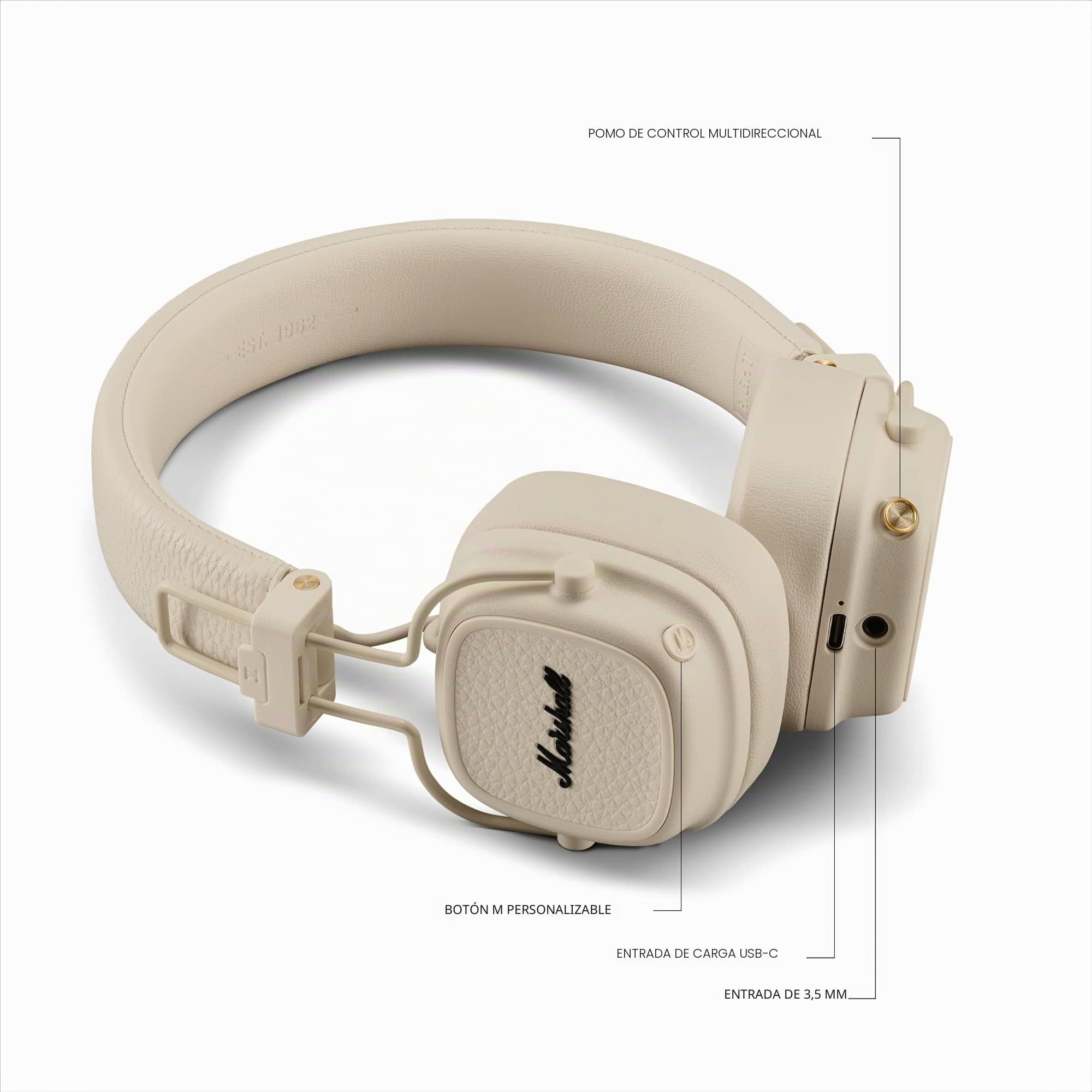 Marshall Major V Auriculares Inalámbricos Bluetooth, 100 Horas de Reproducción - Crema