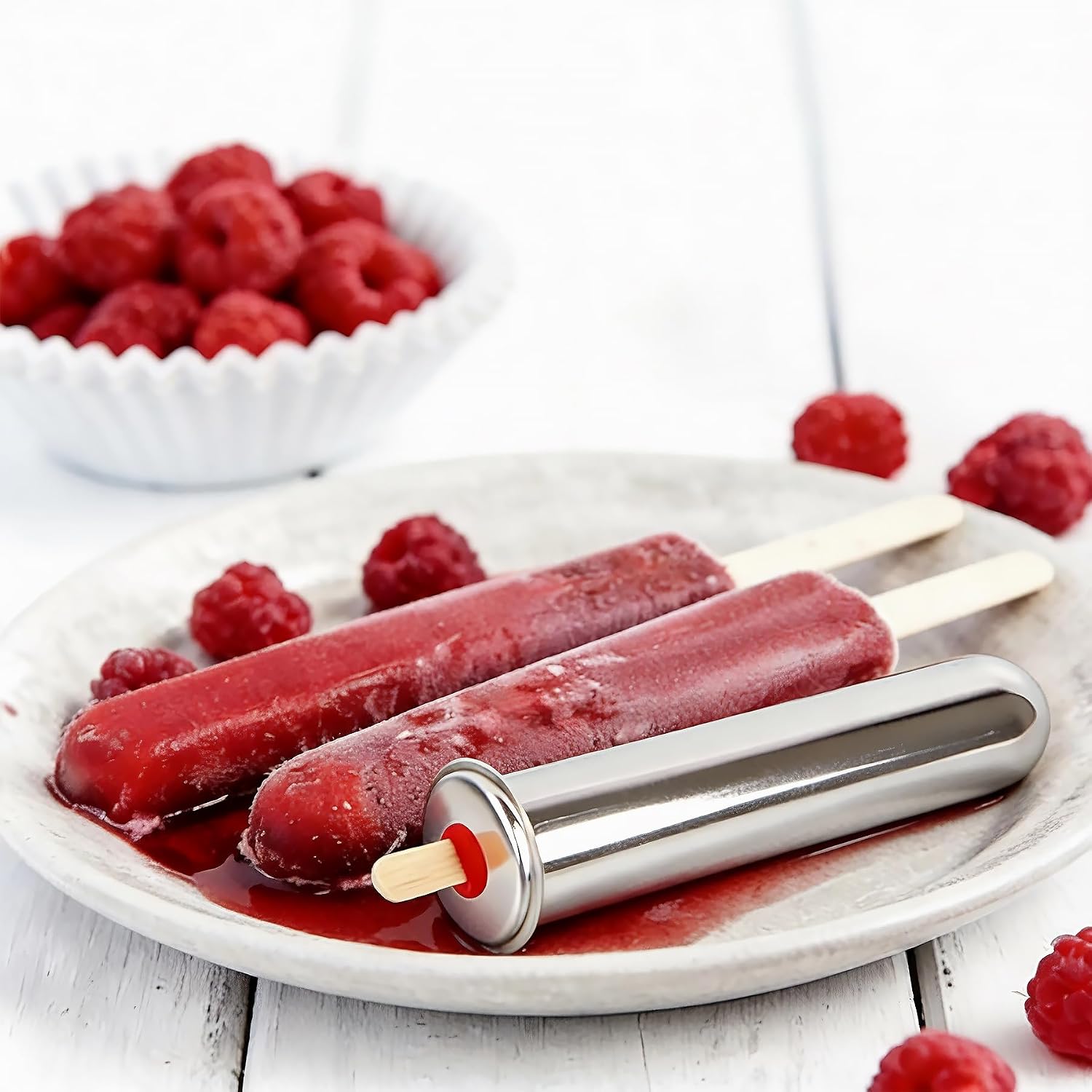 Stainless Steel Popsicle Molds Set 6 Pieces Ice Pop Maker, Homemade Popsicle Molds Maker with 50 Sticks, 20 Bags, 14 Silicone Seals, 1 Cleaning Brush and 1 Stand, DIY Ice Pop Mold for Kids (Round)