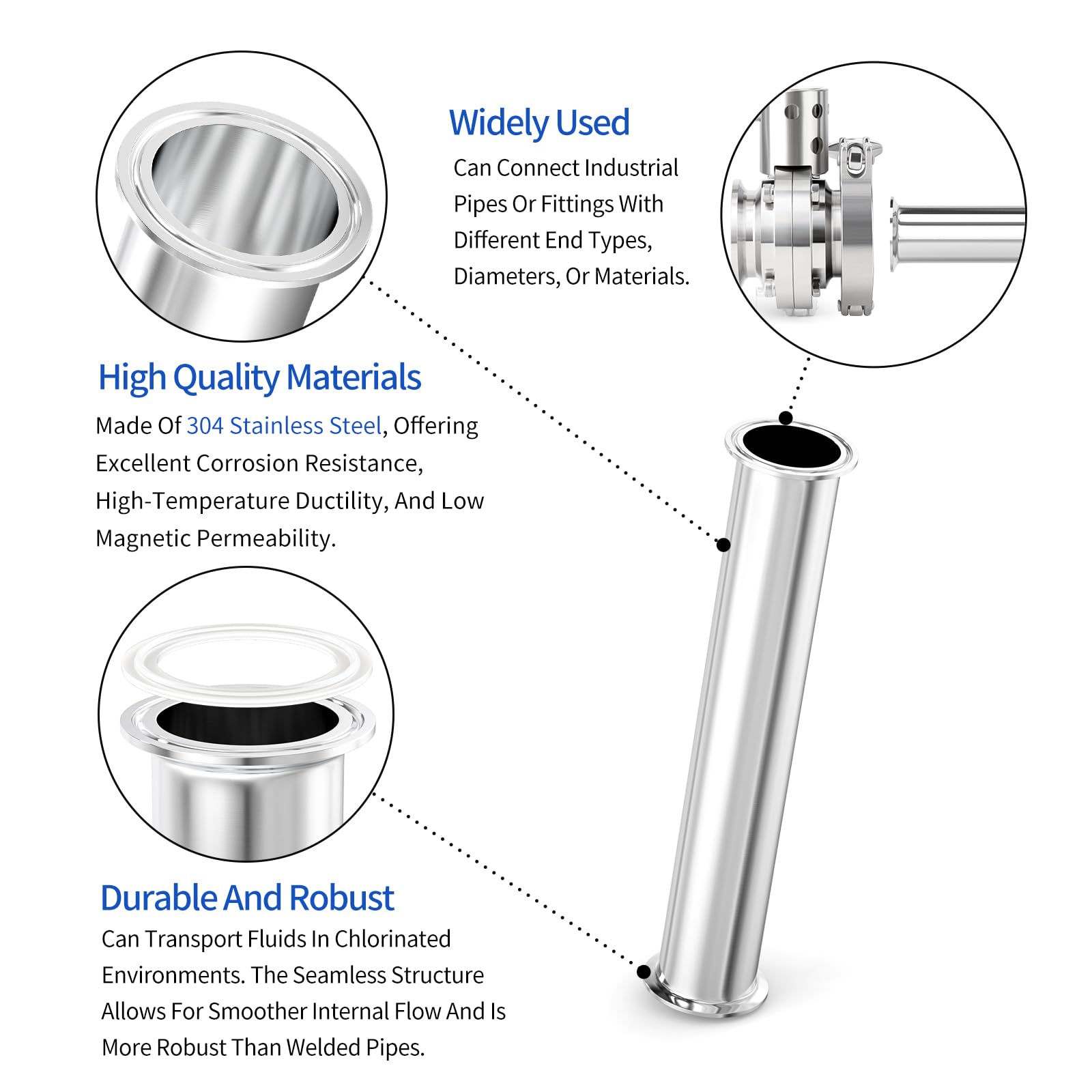 1 Stück 2" Tri Clamp 64MM OD Ferrule Flansch Sanitär Spool Tube 304 Edelstahl Nahtlose Rundrohre mit Unterlegscheiben (Rohrlänge: 12"/305MM)