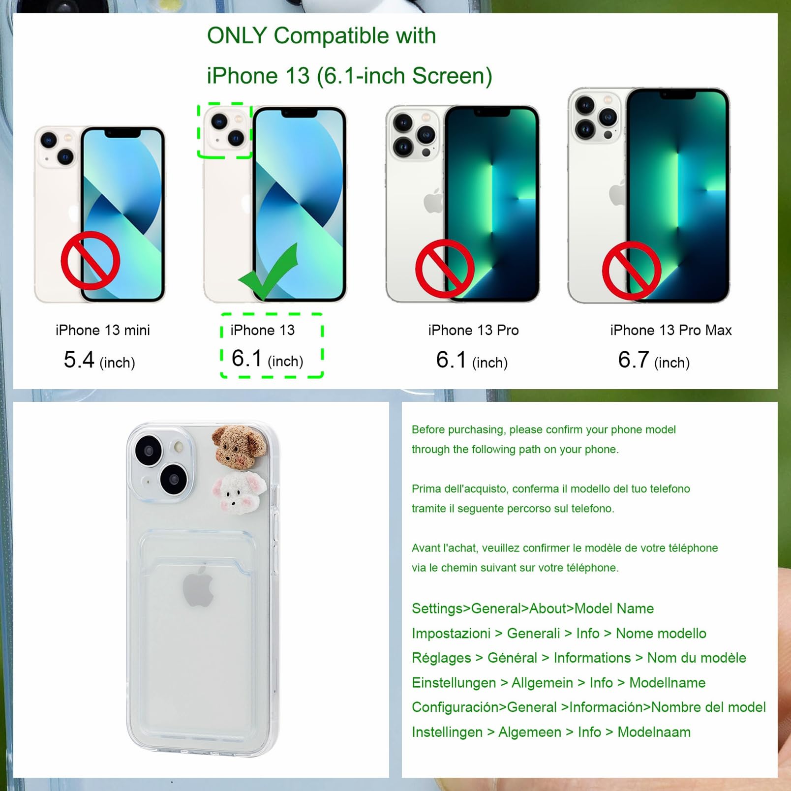 Chengyuanfeng Cover Trasparente per iPhone 13 con Porta Carte, Custodia Ultra-Sottile 1,5 mm in TPU Antigiallo Antiurto, Minimalista con 3D Cagnolino Applicato a Mano, per Viaggi, Serate e Caffè