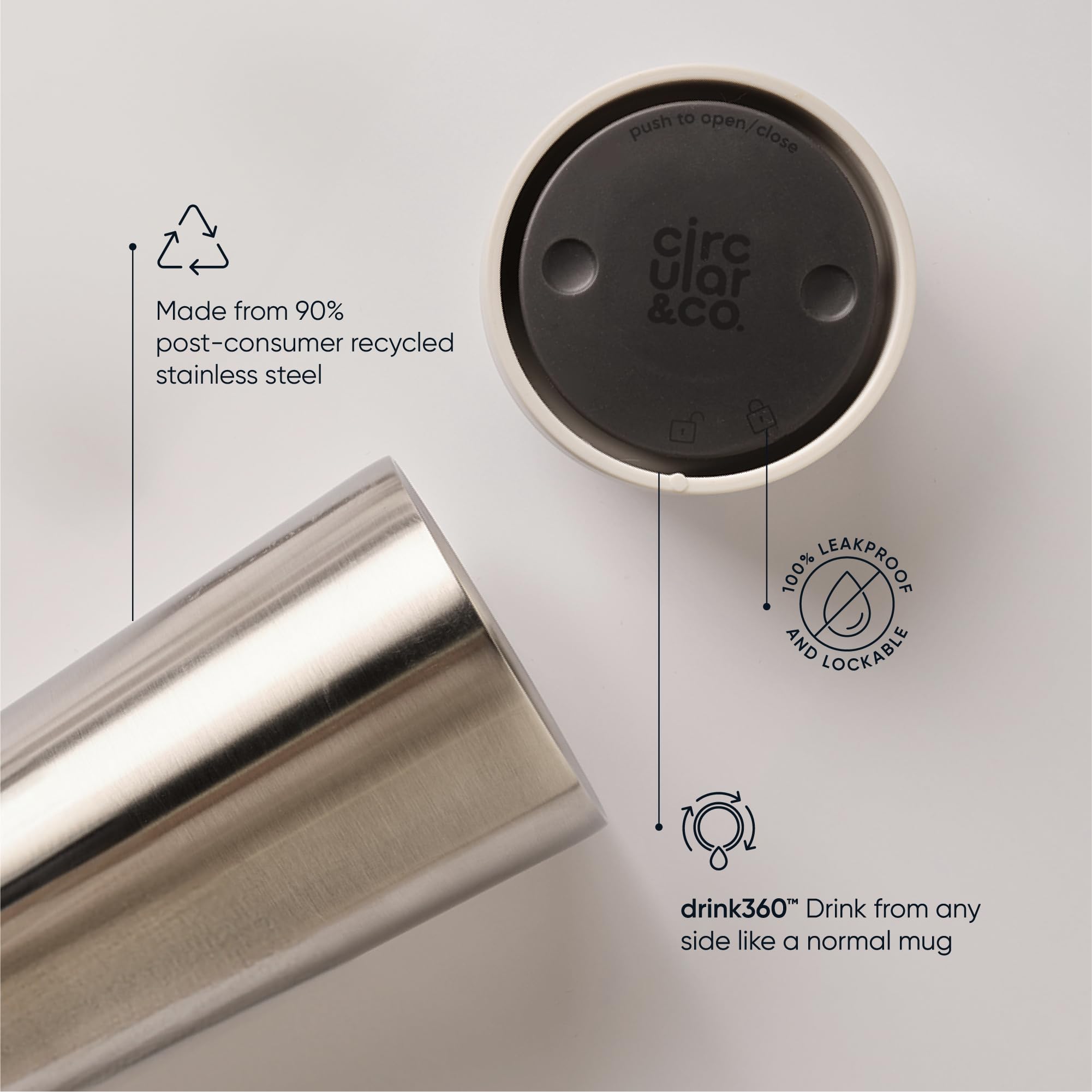Circular & Co Thermo-Reisebecher aus Edelstahl, 340 ml, isolierter, wiederverwendbarer Kaffeebecher, 100% auslaufsicher und abschließbar, 6 Stunden heiß/kalt, Druckverschluss, einhändig zu öffnen,