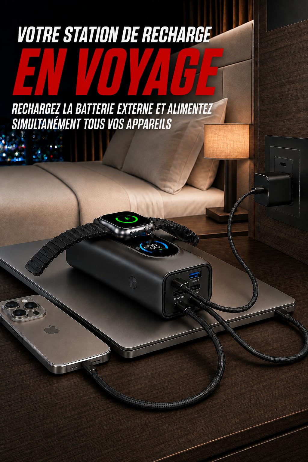 LITIONITE Numo Batterie Externe 25000 mAh 170W, 2 Câbles USB-C Intégrés 100W, Recharge Magnétique Compatible Apple Watch, Power Bank pour PC Portable, MacBook, iPhone, iPad et Nintendo Switch