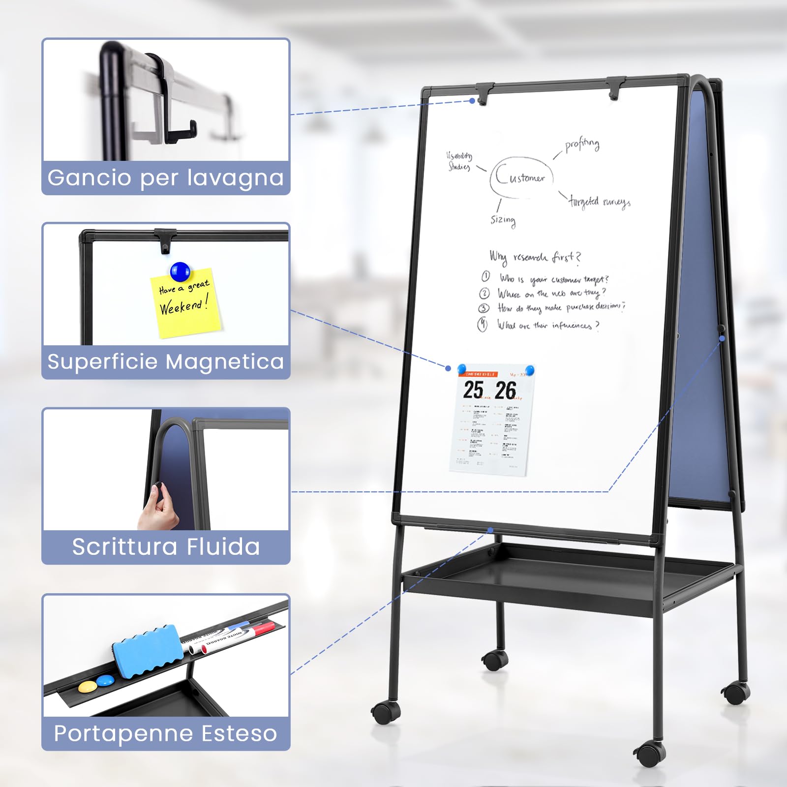 MAKELLO Lavagna Magnetica a Doppia Faccia Mobile con 4 Rotelle - Lavagna a Fogli Mobili, Struttura in Alluminio Nero Regolabile in Altezza, Stabile per Ufficio/Aula/Home Office