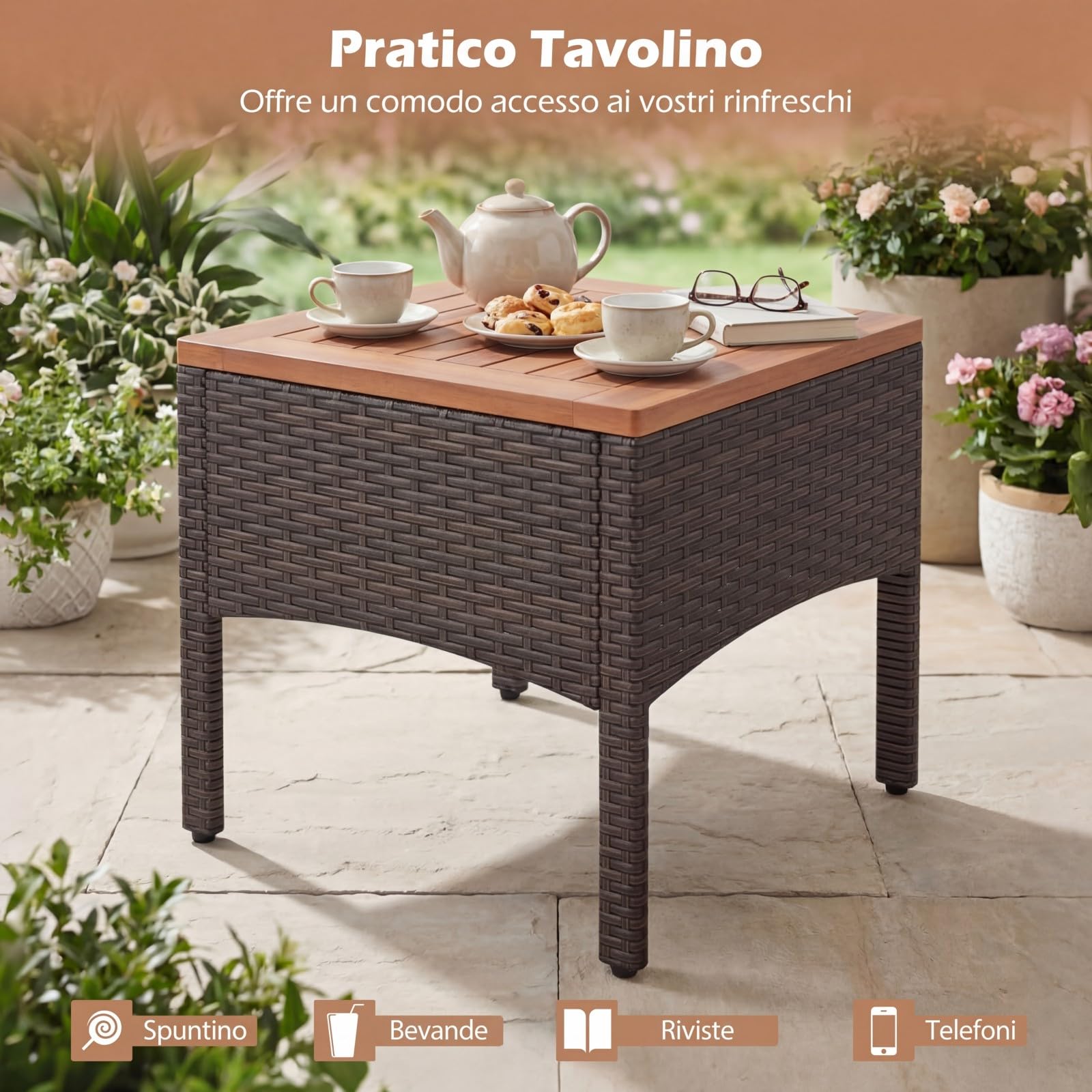COSTWAY Set Salotto da Giardino in Rattan da 5 Pezzi con 2 Ottomane Marrone