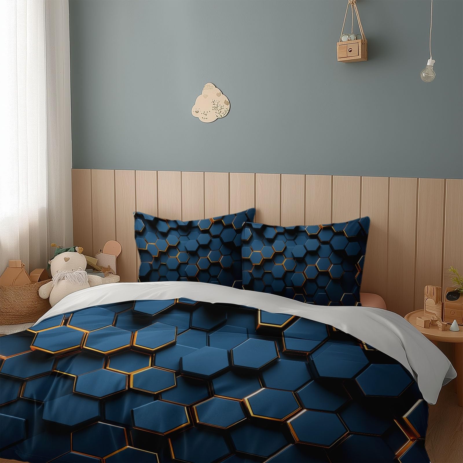 Geometryczny sześciokąt plaster miodu 3-częściowy zestaw poszewek na kołdrę 150x200 cm 3D nadruk poszwa na kołdrę z zamkiem błyskawicznym i poszewkami na poduszki miękka mikrofibra dla dzieci poszwa