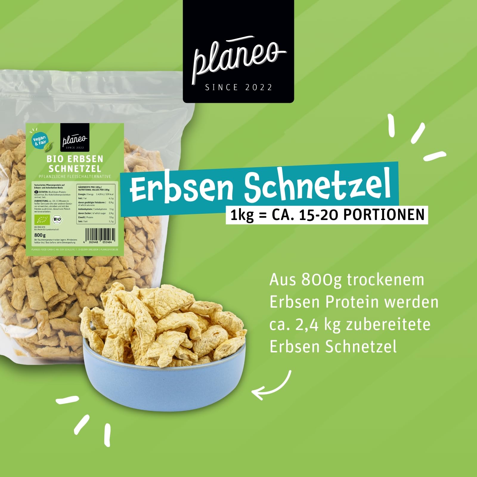 Planeo BIO Erbsen Schnetzel 800g – Veganer Fleischersatz mit über 50% Eiweiss, ideal für Geschnetzeltes & Eintöpfe, aus Erbsen- und Ackerbohnenprotein