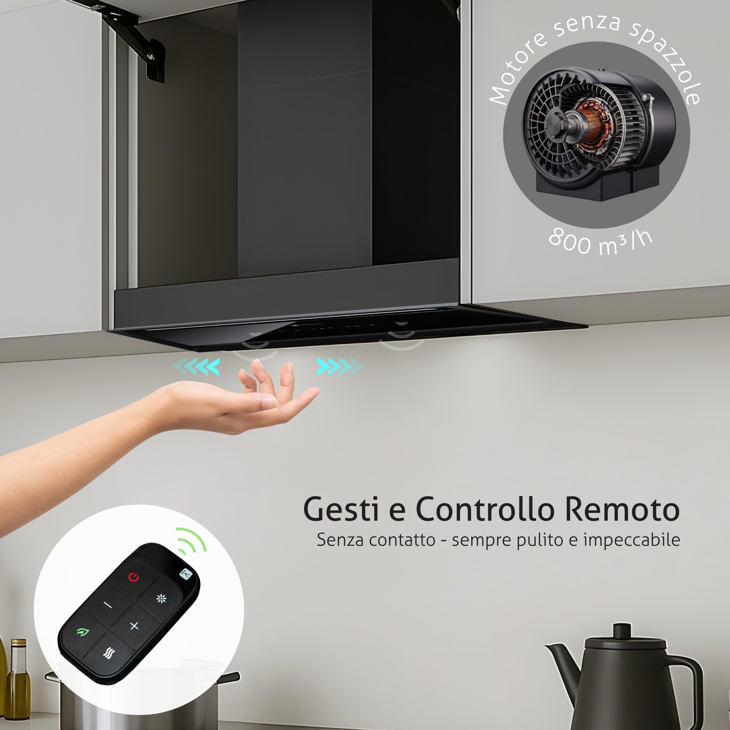 Cappa Aspirante da Incasso Kompatic Yara 60 KPYR60BIB, 60 cm, 800 m³/h, Classe A+, Gesture e Touch, Telecomando, No Drip, LED Regolabile, Nero