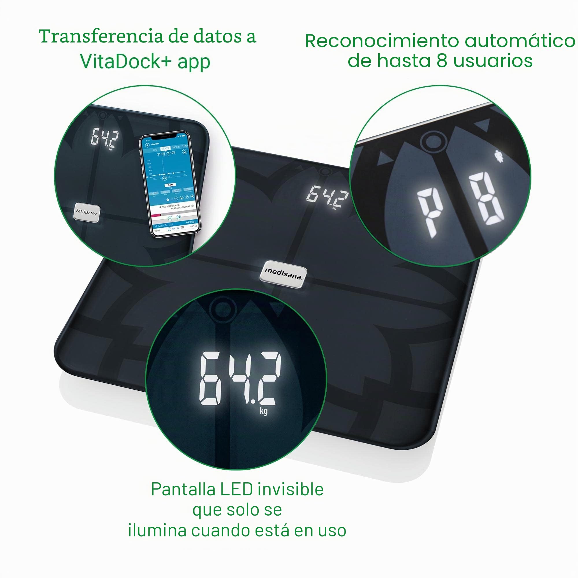 medisana BS 450 connect báscula de análisis corporal, balanza digital | medición de peso, grasa corporal, masa muscular, agua coroporal y peso óseo, bascula de baño con conexión a aplicación