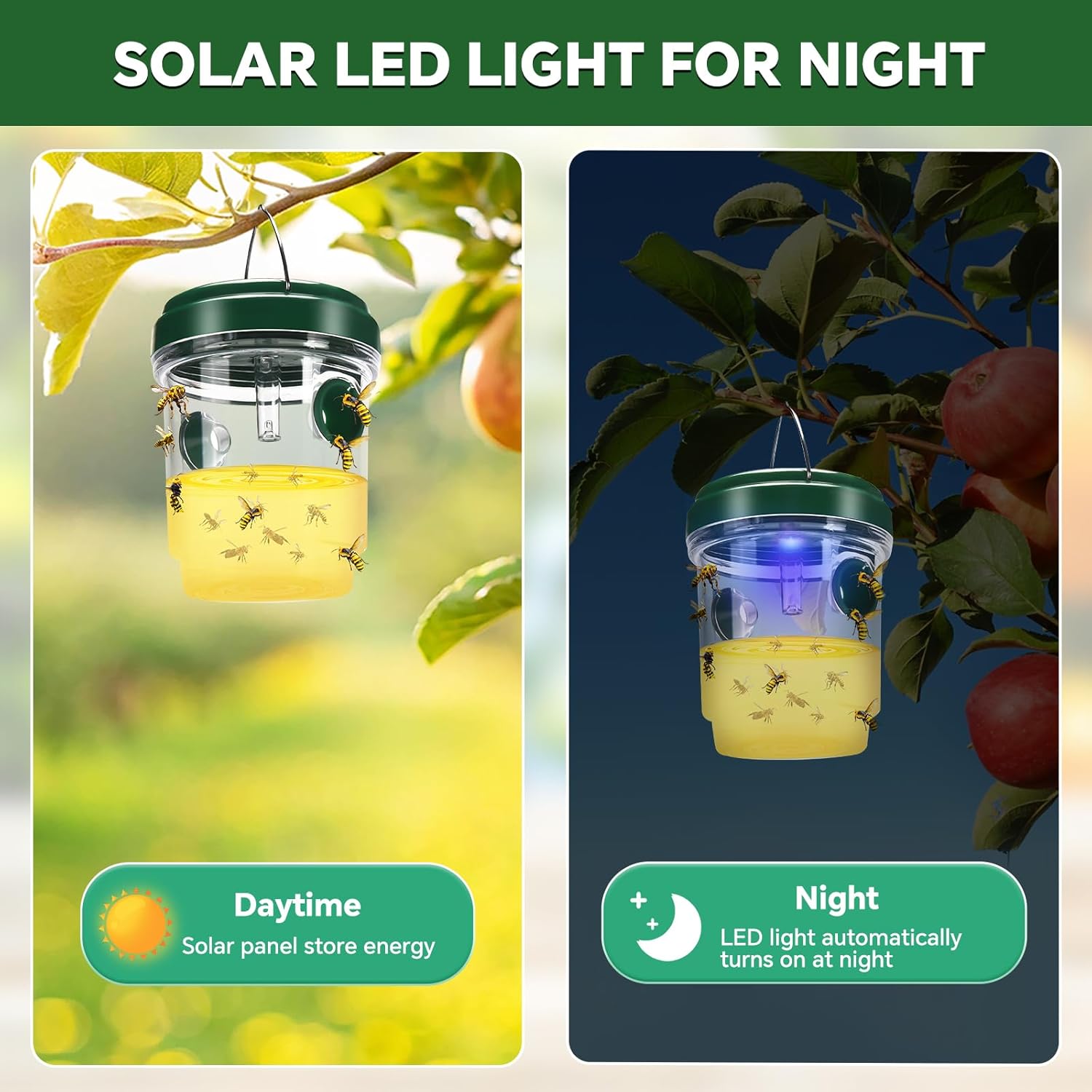 Wasp Trap, Solar Wasp Traps Outdoor Hanging, Reusable Yellow Jacket Hornet Trap with LED Light for Outside Garden, Patio, Orchard, Camping