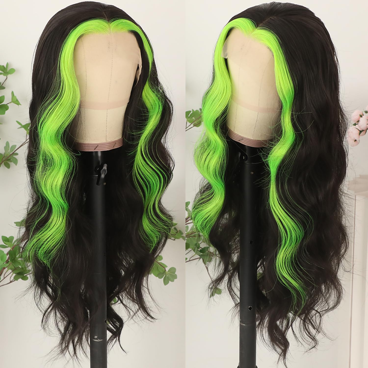 Green Body Wave Lace Front Wigs for Women Pre Plucked Soft Long Wavy Hair Wigs Glueless Skunk Stripe Wig Highlights Black with Green Streak Heat Resistant 26 Inch