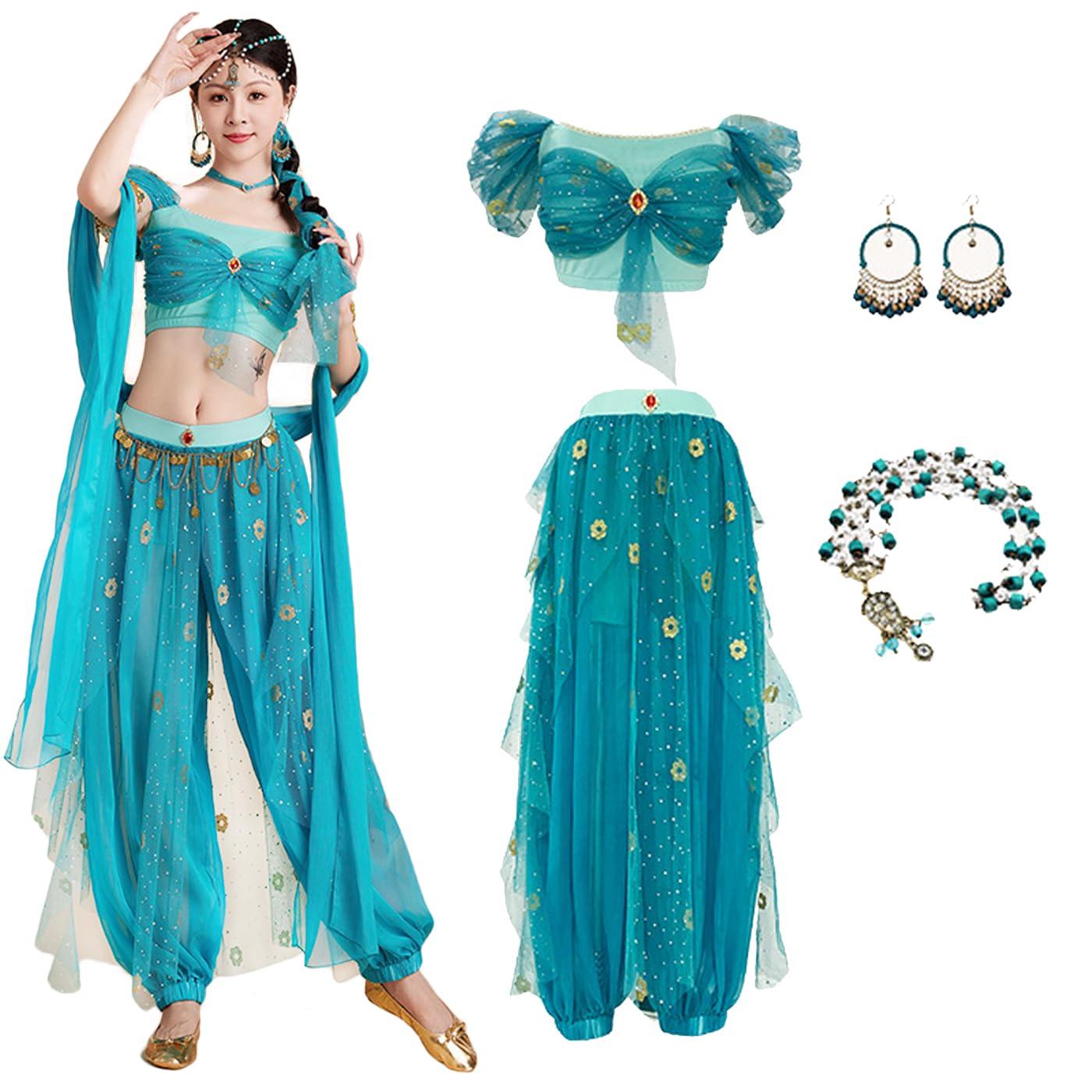 Hallojojo Disfraz de Princesa Jasmine para Mujer Vestido de Princesa Arabe Disfraz de Princesa Aladdin con Accesorios Disfraces de Danza del Vientre Fiesta de Navidad Halloween Carnaval Cosplay