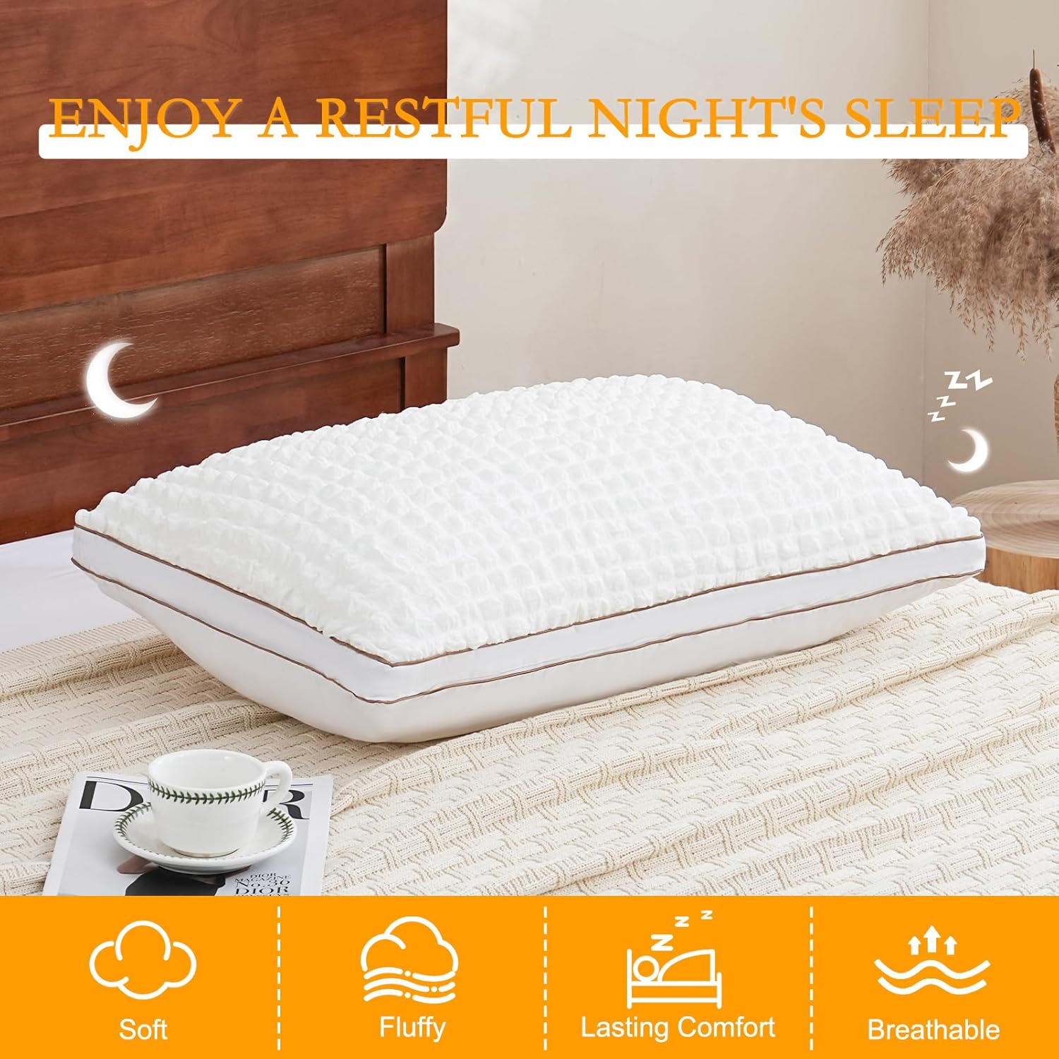 YOUR MOON Super Soft Pillow for Sleeping Queen Size Set of 2, Premium Fluffy Down Alternative Bed Pillows, Luxury Hotel Quality Supportive Pillow for Side and Back Sleepers(White)