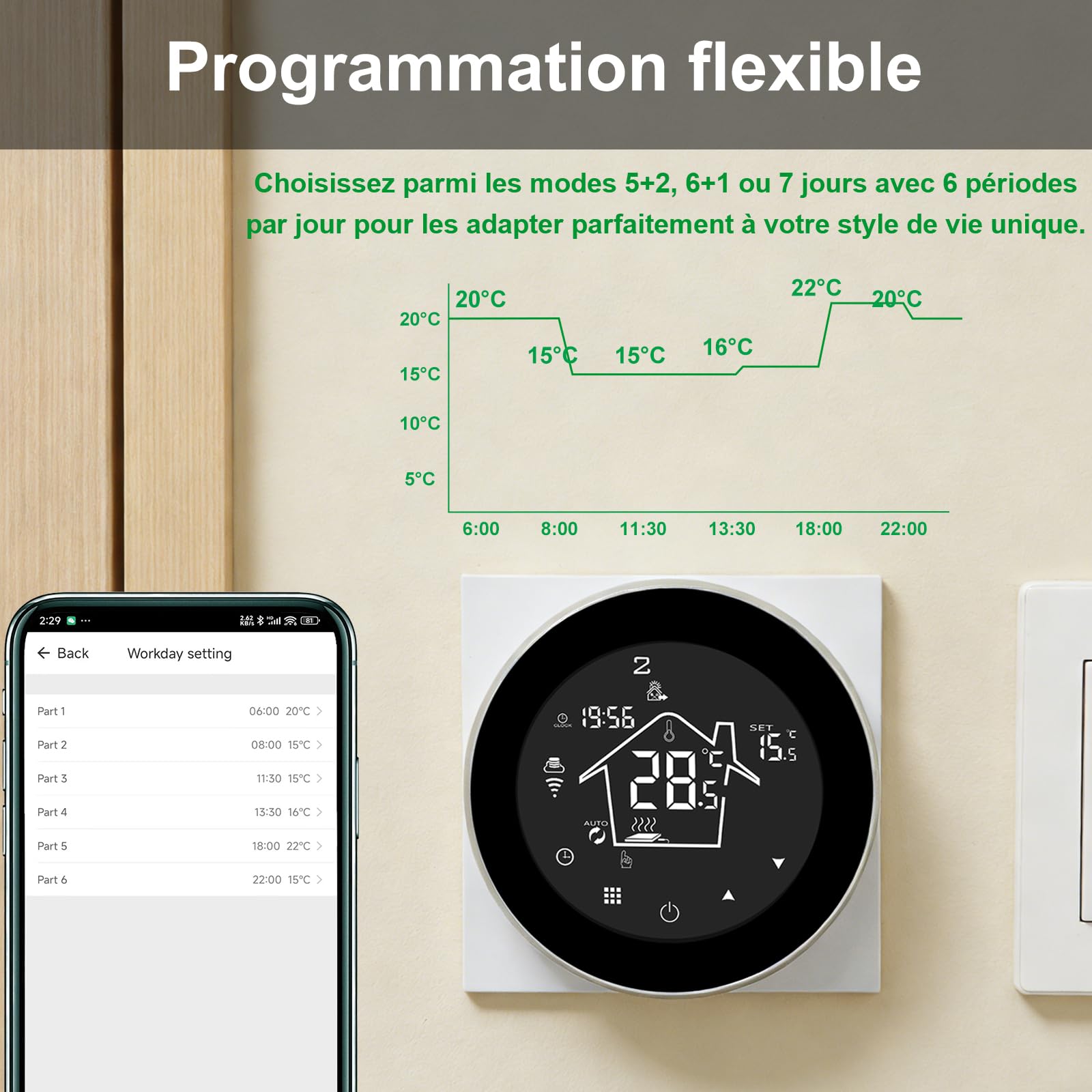 KETOTEK Thermostat Connecté WiFi pour Chauffage au Sol électrique 220V Noir | Intelligente Thermostat Ambiance Programmable pour Plancher Chauffant électrique 16A Compatible avec Alexa
