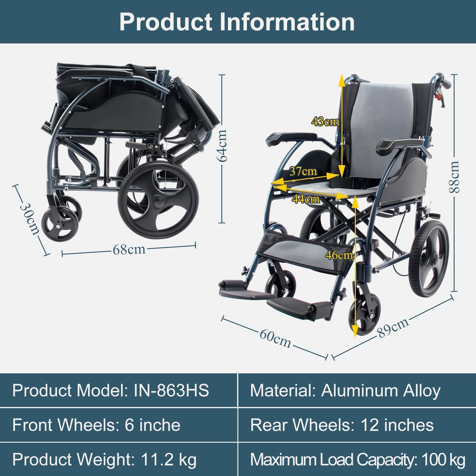 Wózek inwalidzki, lekki (11 kg) i składany, aluminium, szerokość siedziska: 44 cm, transportowy wózek inwalidzki, z podparciem lędźwiowym, regulowana wysokość pedału, dla seniorów i osób