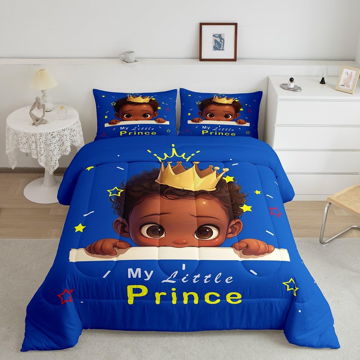 Erosebridal Queen Comforter Set for Boys American Boy Bedding Bedroom Decor, Cute Afro Melanin Prince Toddler Bedding Set for Kids Juneteenth Gifts Black Afro-Boy Duvet Insert with 2 Pillowcases