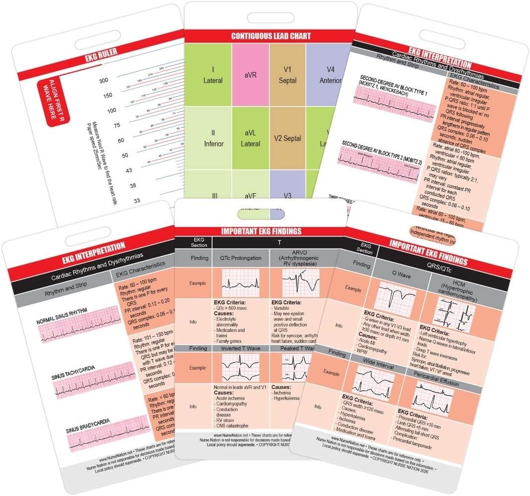EKG Card Set (Vertical) - 6 Card ECG Telemetry Cards with EKG Ruler, Electrocardiogram Rhythm Interpretations, Cardiac Findings, STEMI Leads, 12 Lead EKG Placement (Bonus Cheat Sheets)