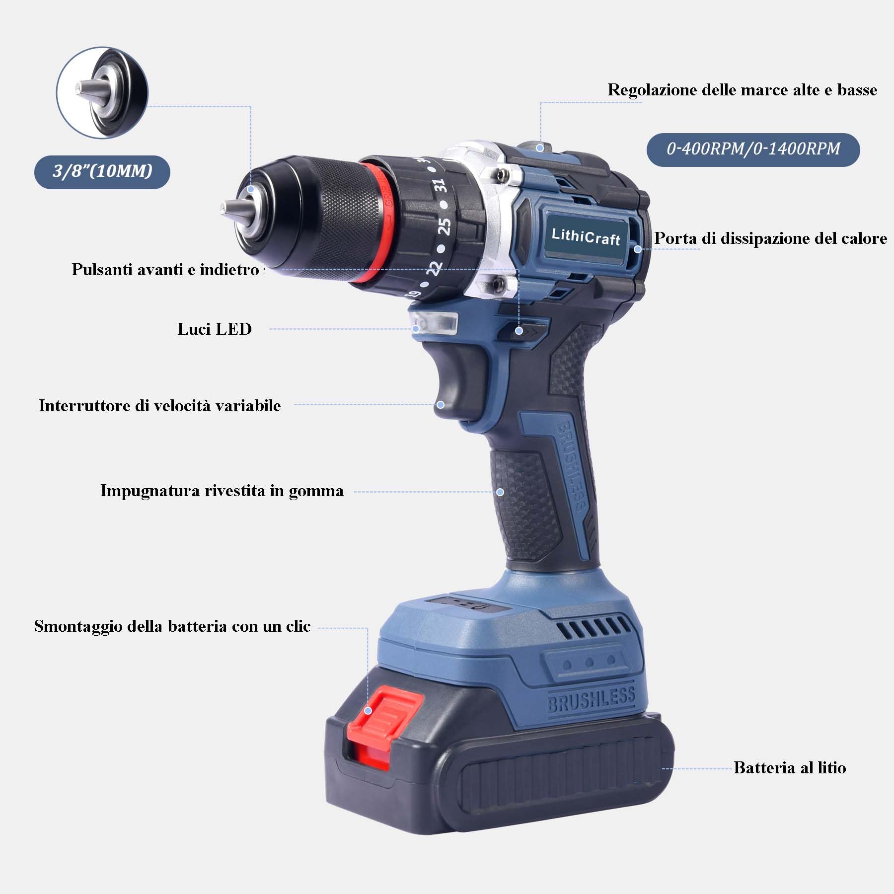 Trapano Avvitatore a Percussione a Batteria 21V Brushless, 45Nm, Mandrino 10mm, 2 Batterie 2.0Ah, 35+3 Coppie, con Valigetta & 24 Accessori