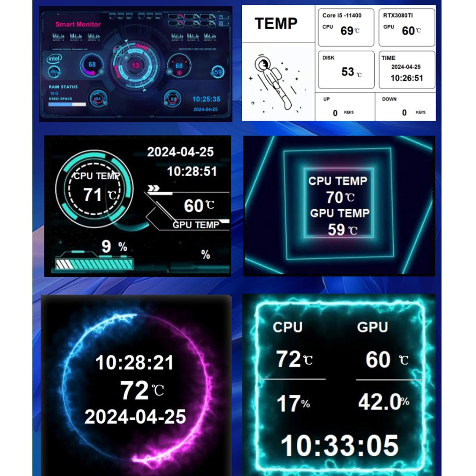PC-Temperaturanzeigefeld, 8,8 Zoll Universal, 1920 X 480 Auflösung und 178° Weiter Betrachtungswinkel, Zur Überwachung der CPU-GPU-Datentemperatur (Black)