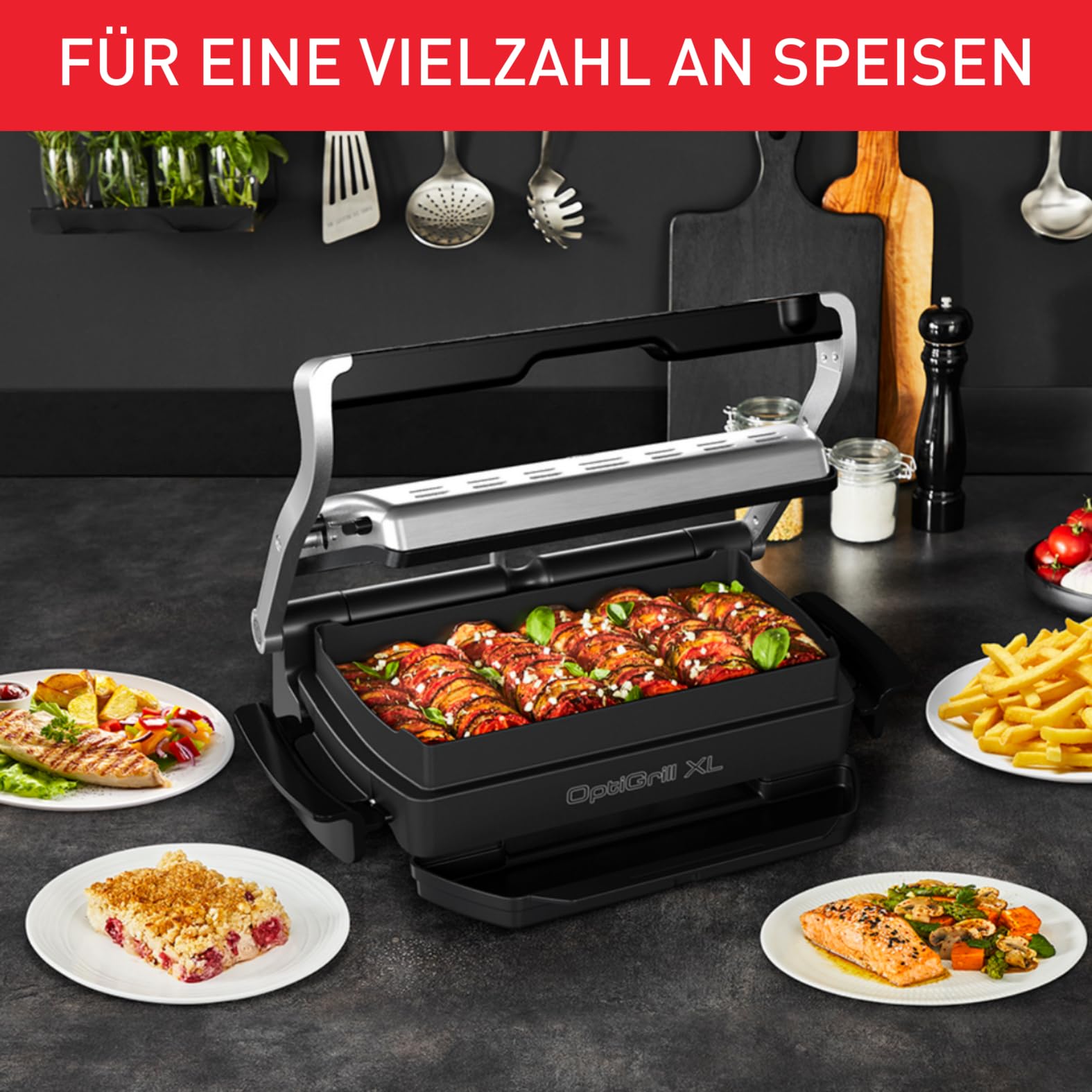 TEFAL OptiGrill Snacking & Baking Backschale, antihaftbeschichtet, wärmeisolierte Griffe, für Aufläufe, Pizza, Brot & Süßes, kompatibel mit OptiGrill + und Elite, spülmaschinenfest, schwarz, XA725870