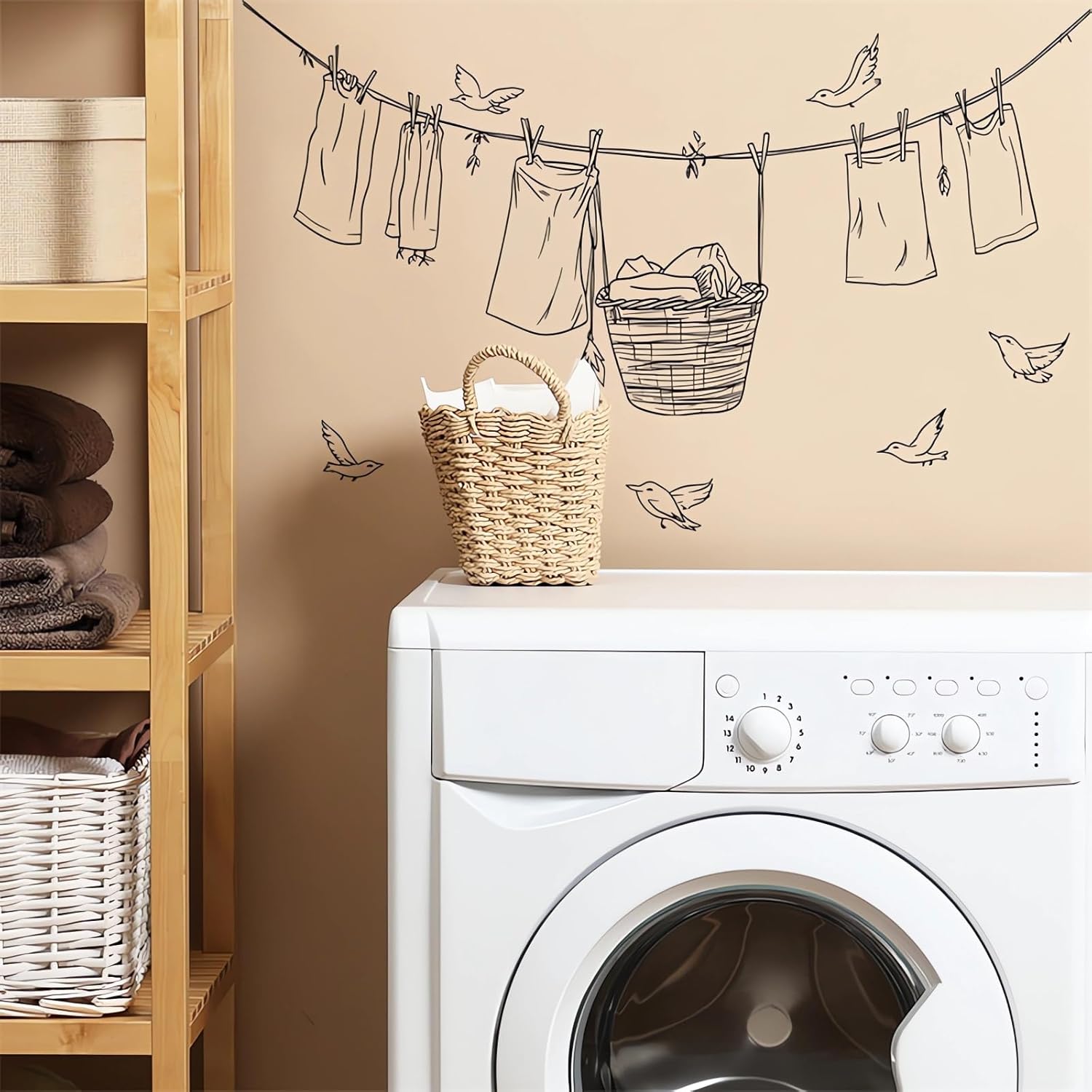 Clothesline Birdie Wall Stickers, sacinora Simplicity Sketch Dry Clothes Wall Decals Removable Vinyl Peel and Stick for Bathroom Balcony Laundry Room Art Home Decorations - Image 2