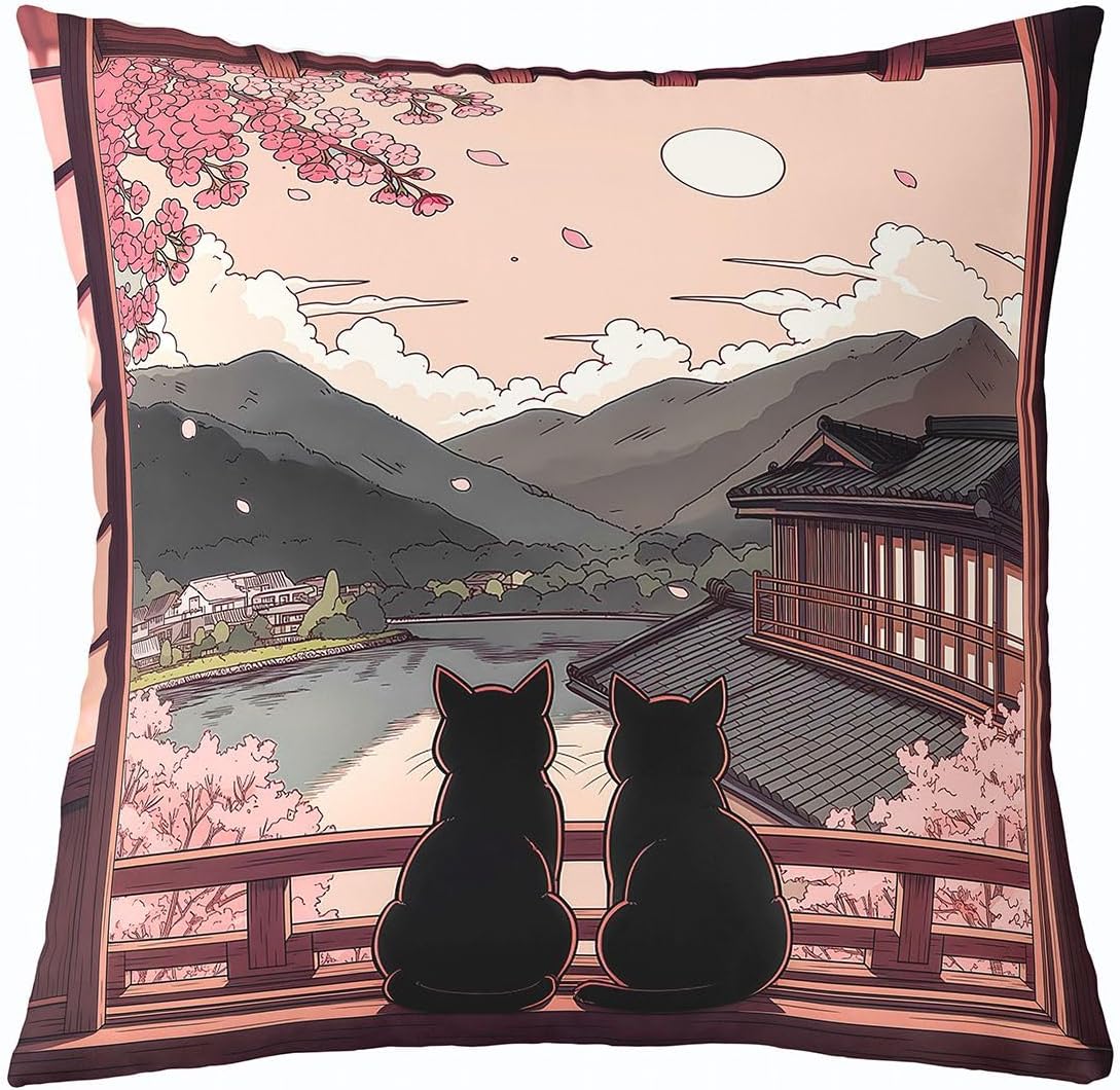 Manfei Japanese Cat Throw Pillow Cover Cherry Blossom View Double-Sided Pillow Case Bedroom Living Room Mountain Anime Aesthetic Cushion Cover for Bed Couch Soft Pillowcases,16x16 Inches Pink Gray