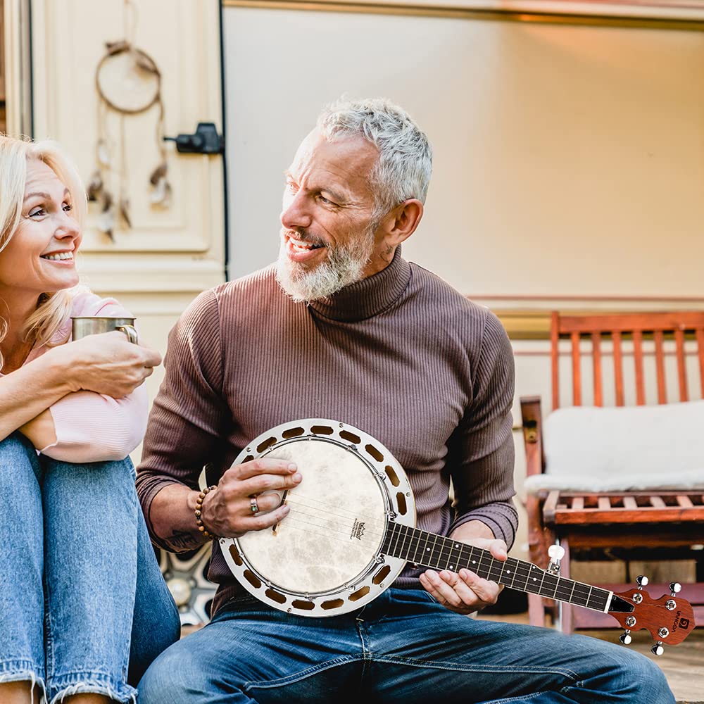 Vangoa Banjo 5 Saiten, Reise Portable Mini Banjo mit Tonring, Remo Kopf, mit Anfänger Kit, mit Anfänger Kit, Stimmgerät, Strap, Pick-up, Saiten, Picks und Tasche