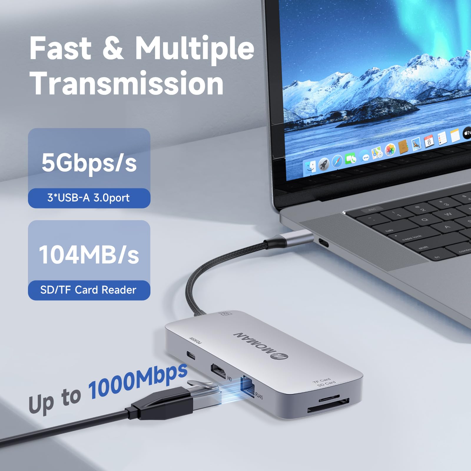 Moman Stacja dokująca, koncentrator USB C 9 w 1 z 100 W PD, 4K 30 Hz HDMI, 3 x USB 3.0 5 Gb/s, złącze audio 3,5 mm, Ethernet RJ45, czytnik kart SD/TF do myszy, klawiatury, dysków U, pamięci flash,
