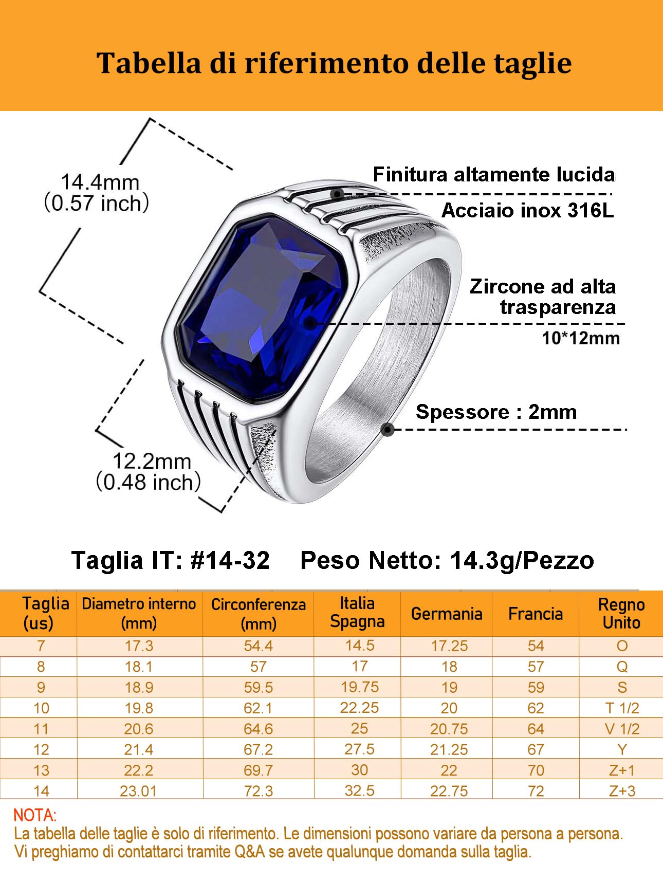 Bestyle Anello Acciaio Inossidabile Uomo, Anello Uomo Argento/Nero con Pietra Rubino/Zaffiro/Smeraldo/Onice Nero, Anello Personalizzato Ragazzo Maschio con Misura IT 14.5-32.5, Idee Regalo