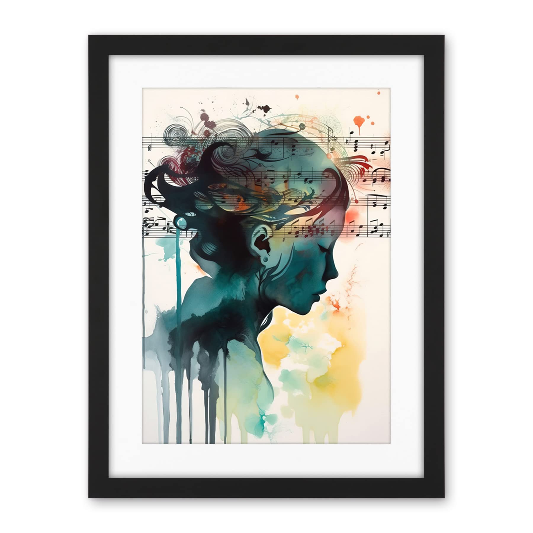 Artery8 Music on my Mind Singing in my Head Modern Portrait Watercolour Illustration Artwork Framed Wall Art Print 18X24 Inch
