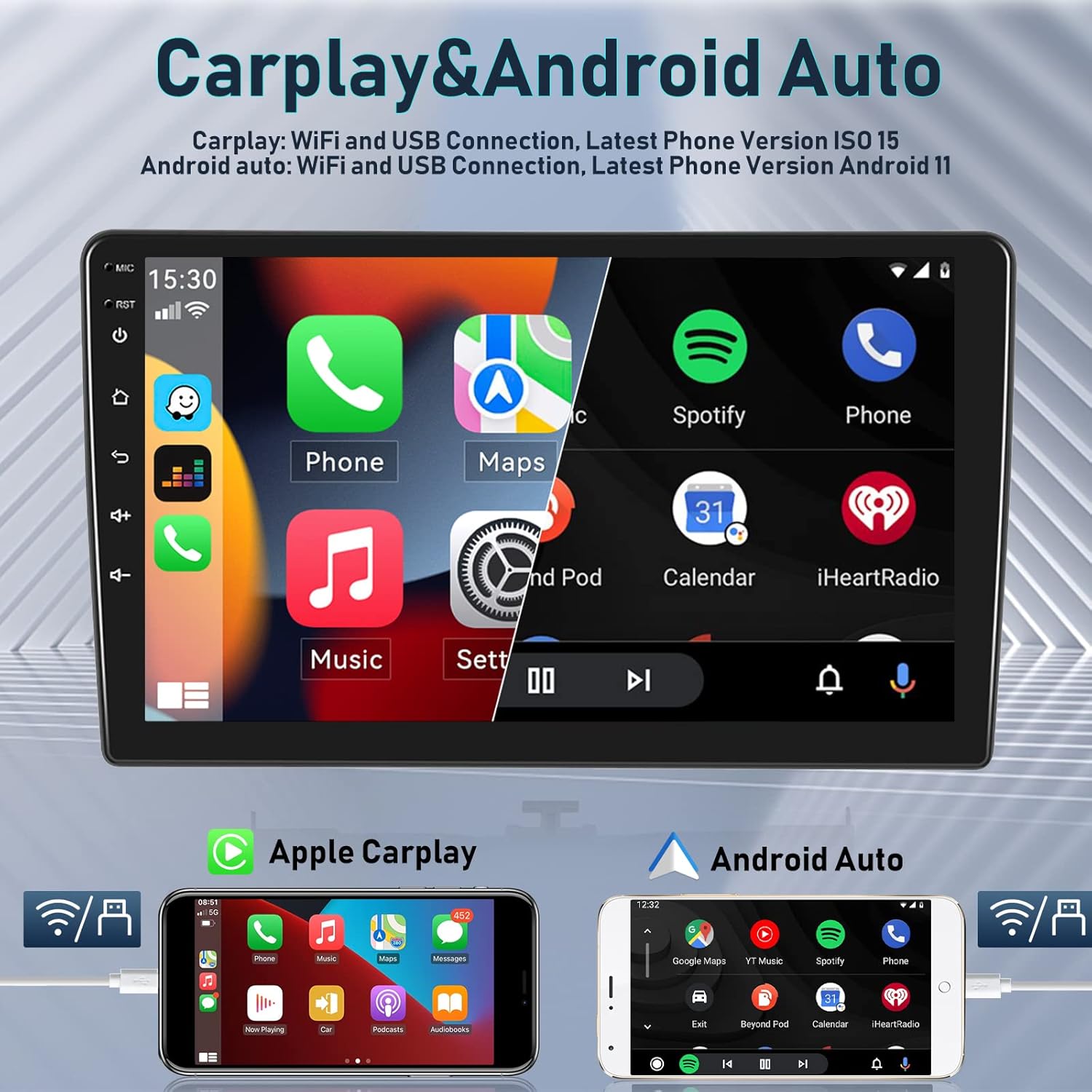 Image showing the Carplay and Android Auto interfaces on the car stereo screen, with icons for Maps, Music, Phone, and other apps. Also shows a smartphone connected wirelessly.