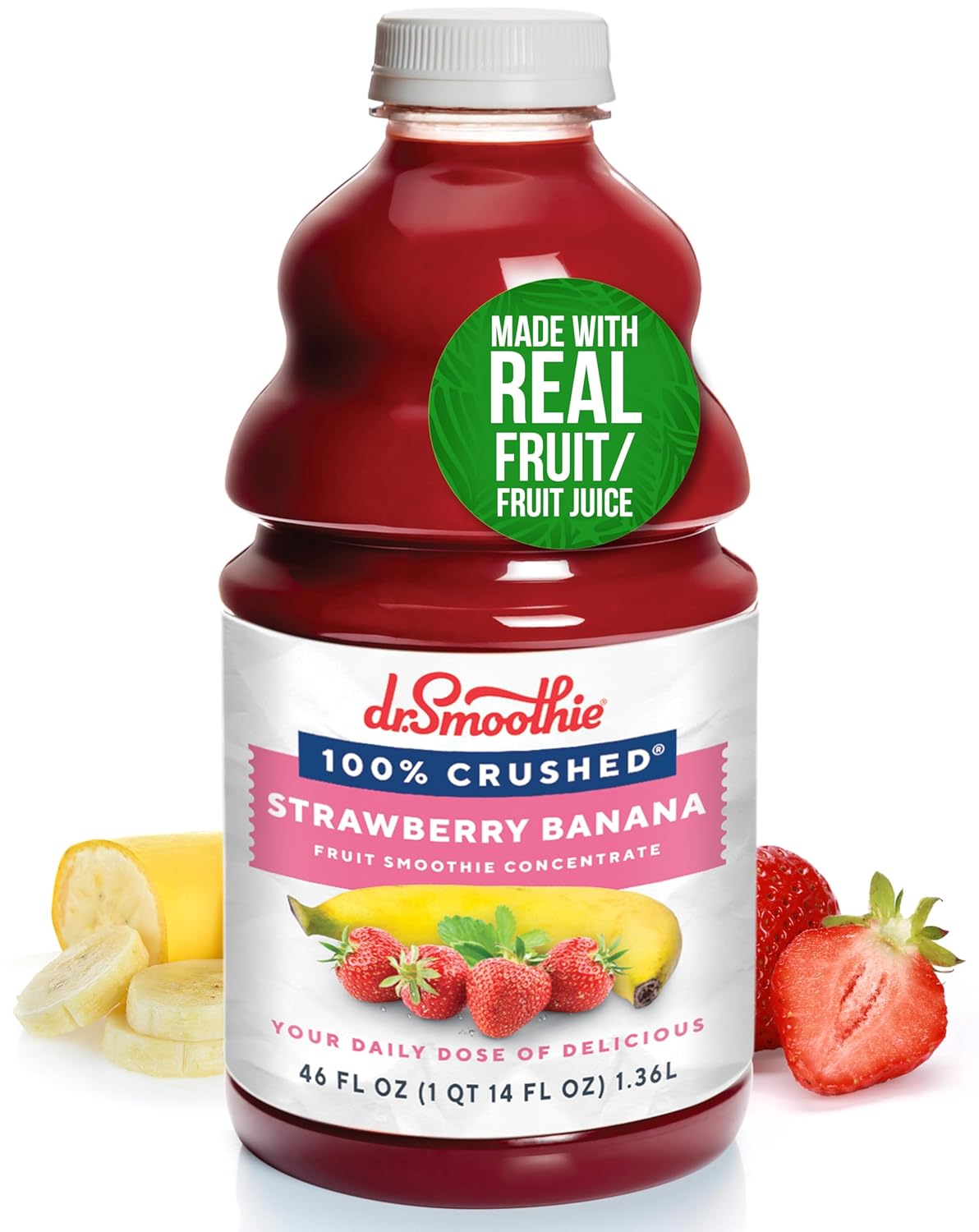 Dr. Smoothie 100% Crushed Strawberry Banana – No Added Sugar, Made with Real Fruits/Fruit Juice – Vegan, No Artificial Colors or Flavors – Juicy Strawberries & Creamy Banana – 46 oz Bottle