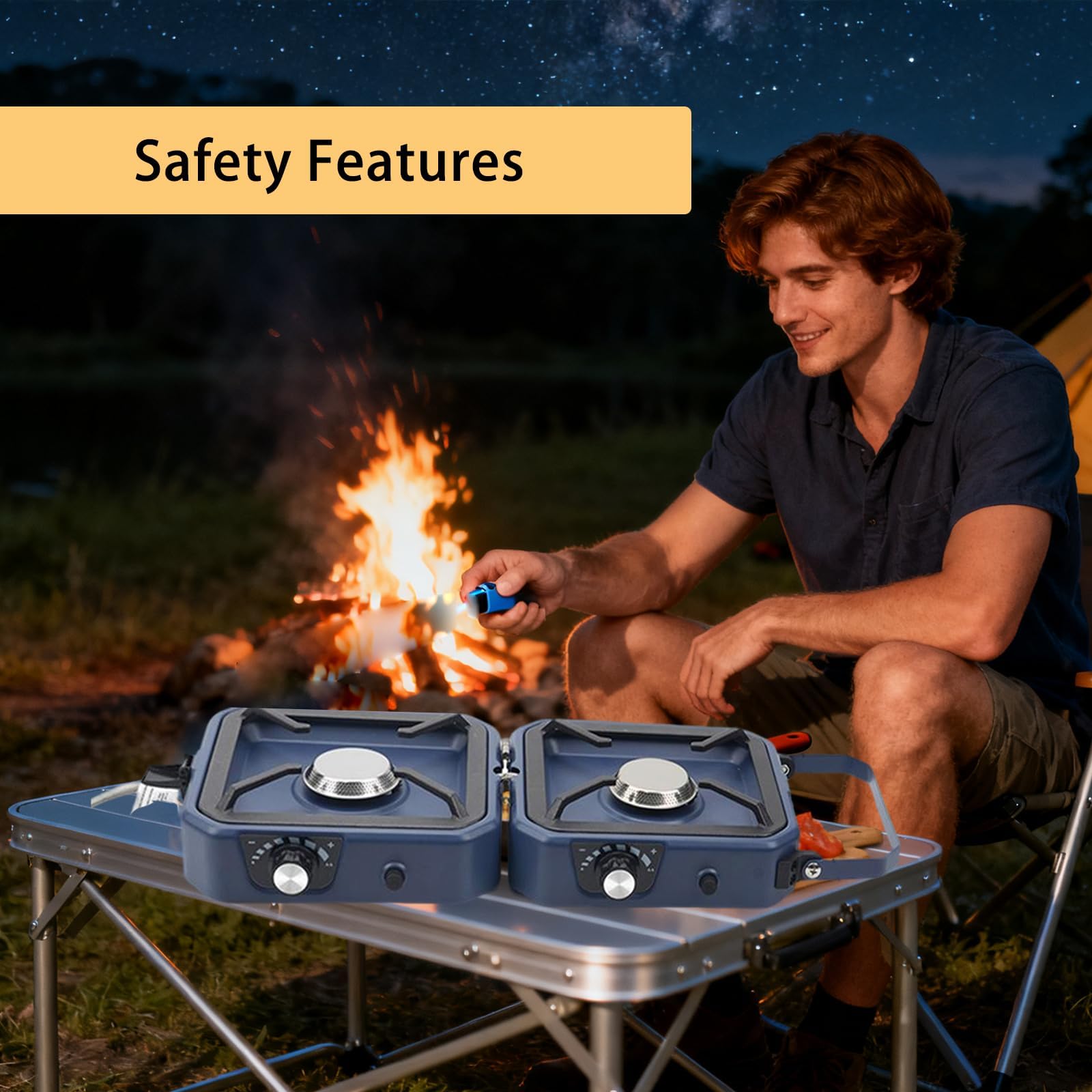 Estufa de camping de 2 quemadores con plancha, barbacoa plegable con quemadores ajustables y encendido piezoeléctrico para cocinar al aire libre, senderismo y eventos de jardín