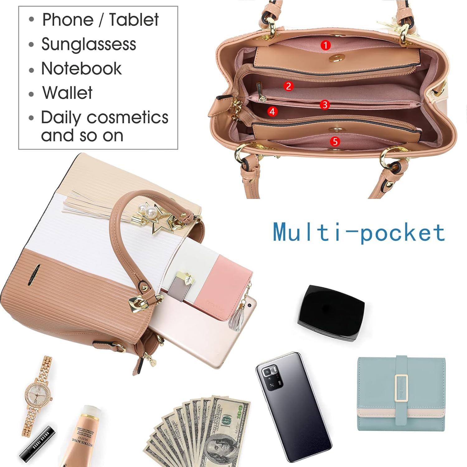 Pomelo Best Purses and Handbags for Women with Multiple Pockets, Leather Top Handle Satchel Fashion Tote Shoulder Bags Ladies - Image 5