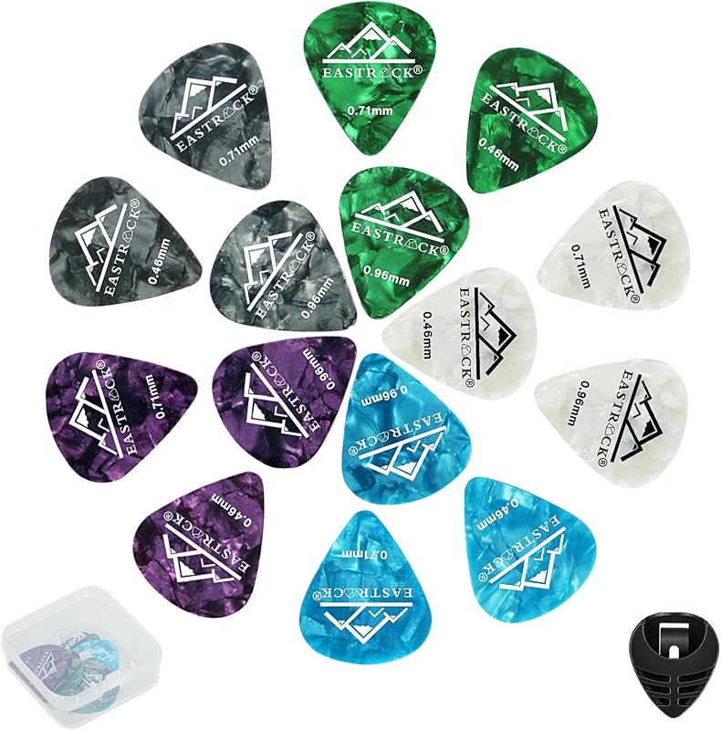 Juego de 15 púas de guitarra con caja organizadora y soporte para púas de guitarra | Disponible en 3 espesores:delgado, medio y pesado,adecuado para acústica, guitarra eléctrica,bajo, ukelele. Regalo para guitarra,bajista