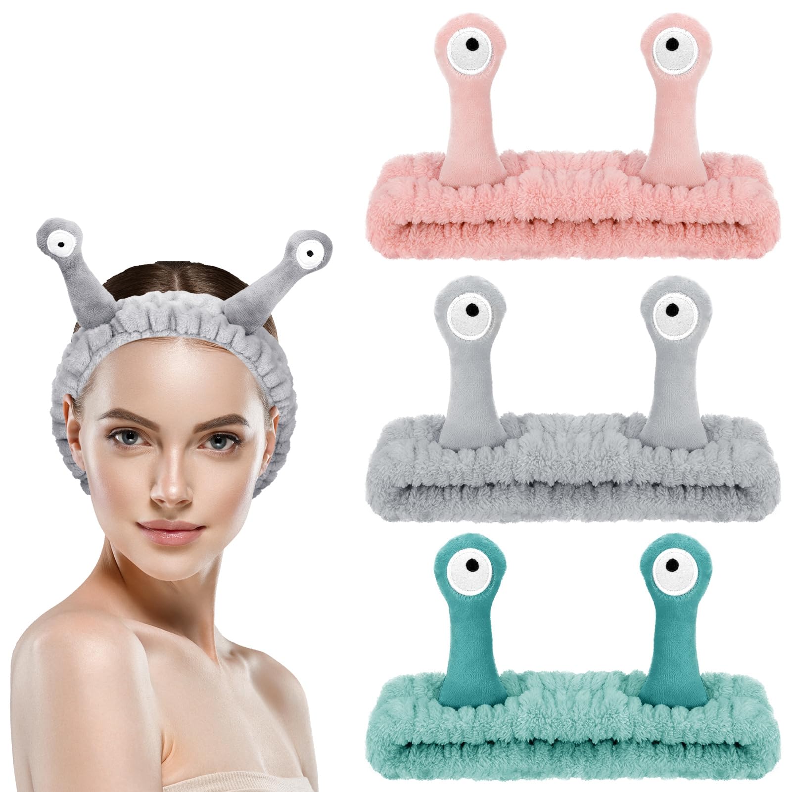 3 PCS Face Wash Headband Spa Headband,Palm and Snail Makeup Headbands Women Elastic Headband Cute Coral Fleece Hair Accessories for Washing Face Shower Sports Beauty Skincare