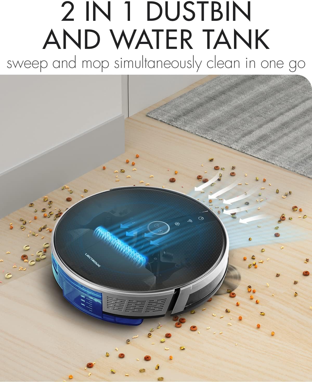 Liectroux C30B Robot Vacuum demonstrating 2-in-1 dustbin and water tank functionality