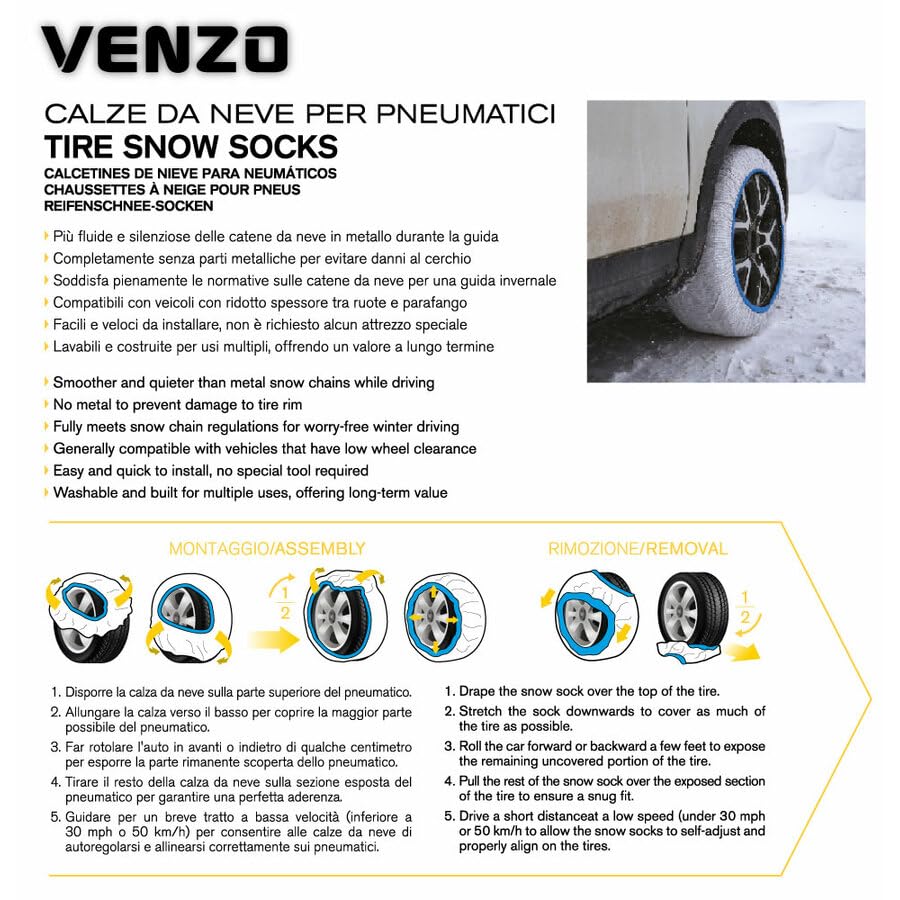 VENZO Calze da Neve per Auto Omologate EN16662-1| Coppia Dispositivi Antiscivolo per Pneumatici - Alternativa a Catene da Neve | Trazione Sicura su Ghiaccio e Neve | Montaggio Rapido (697)