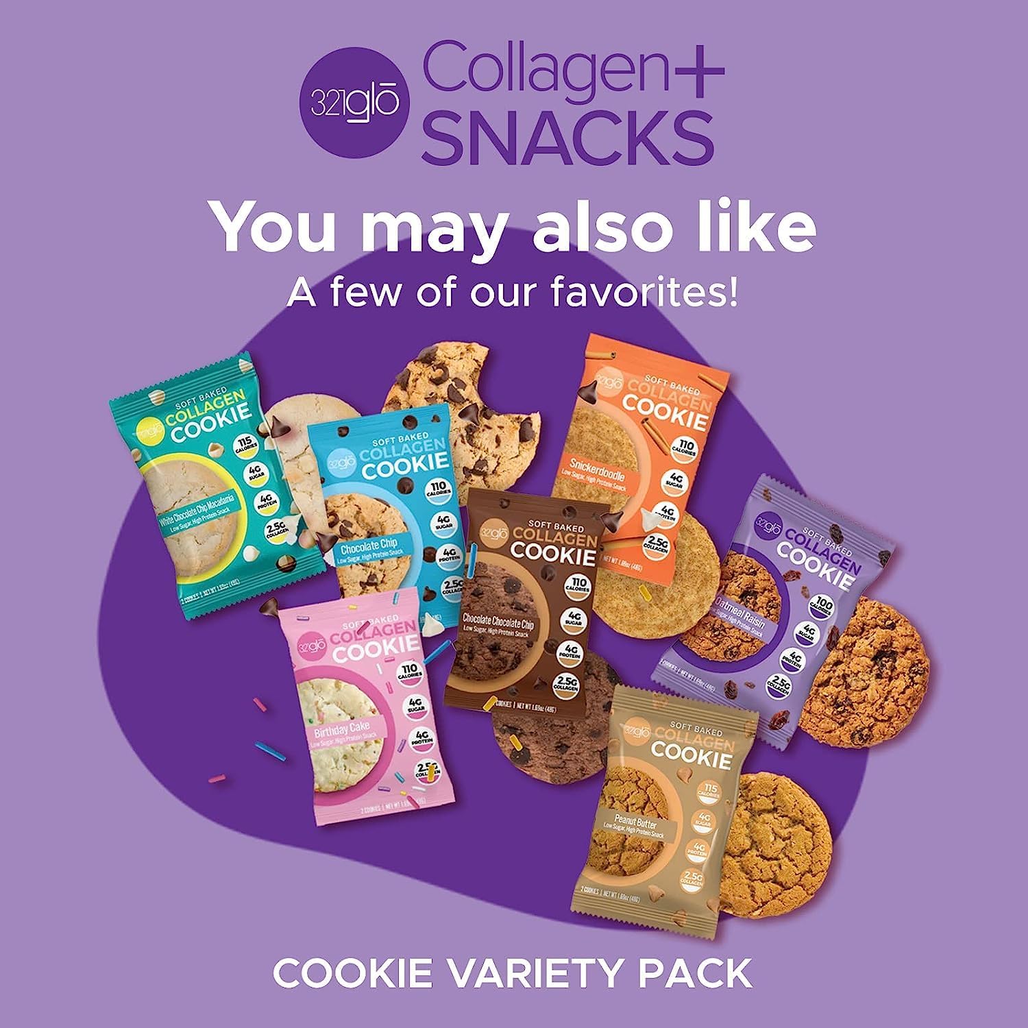 321glo Collagen Cookies | Soft Baked, High Protein Cookies | Low Carb, Low Sugar | Keto Snack for Women, Men, & Kids | 12 Pack (Oatmeal Raisin)