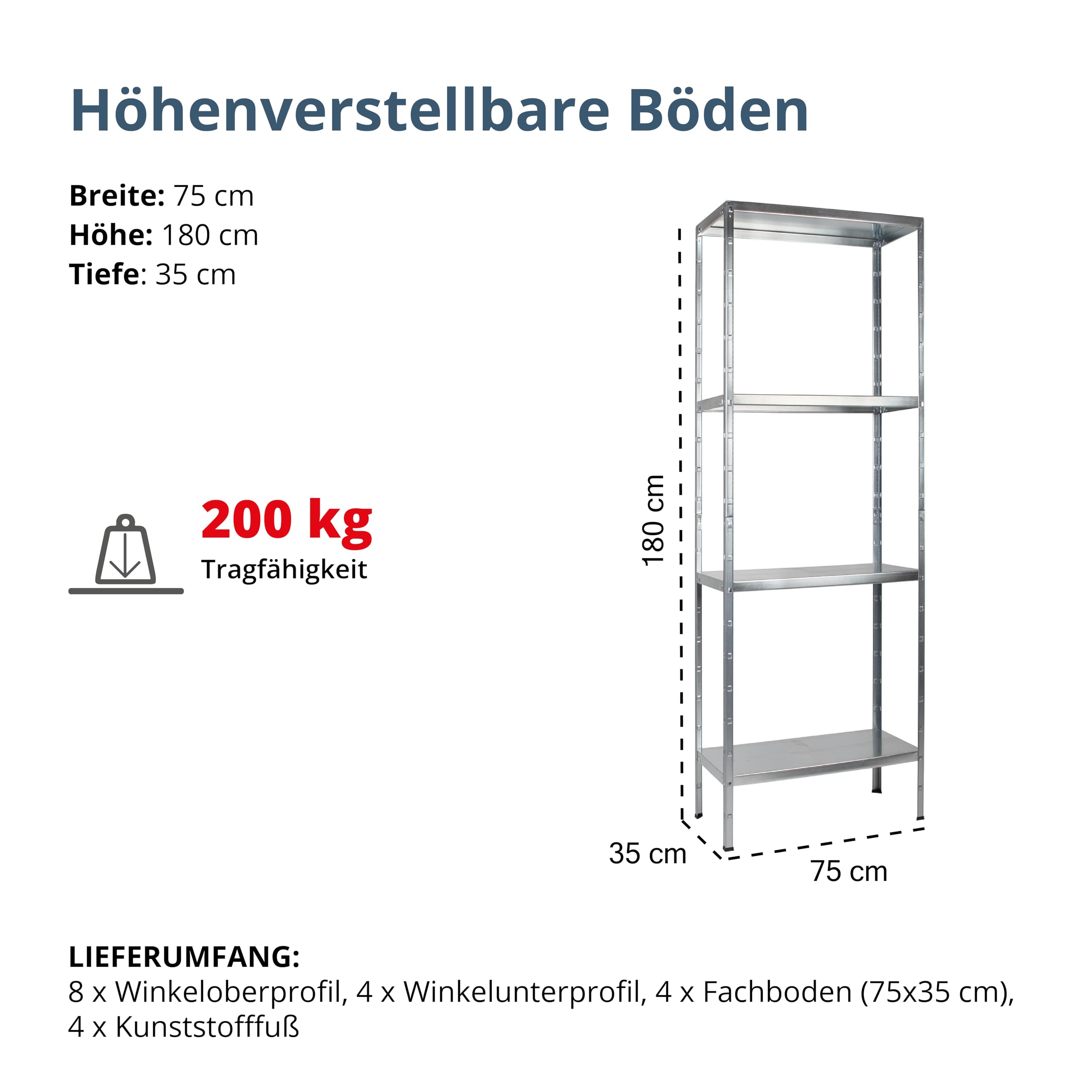 Schulte Regalwelt regał magazynowy z 4 półkami PowerMX, 180 x 75 x 35 cm, system regałów, regał wtykowy z łatwym montażem bez śrub, nośność półki do 50 kg (nośność całkowita do 200 kg)