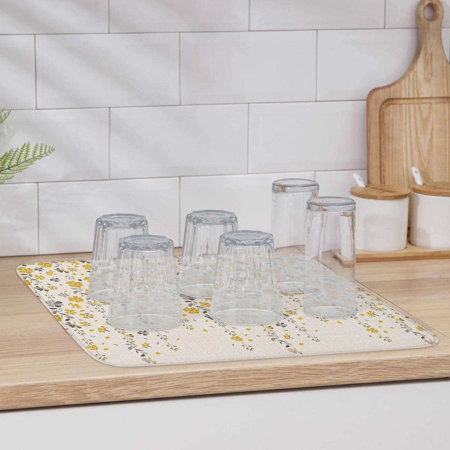 Yellow Grey Florals Dish Drying Mat for Kitchen Counter, Microfiber Rack Pads, Spring Weeping Flowers Linen Texture Absorbent Dish Bottle Drying Mat, 18''x24'', 2 Pack