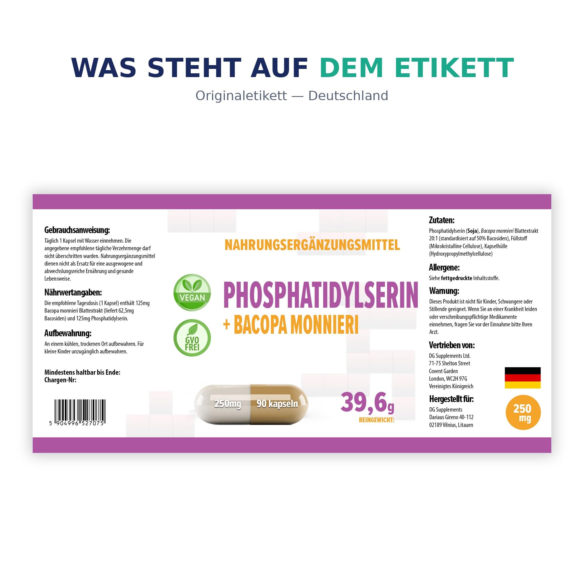 Hepatica Phosphatidylserin + Bacopa Monnieri | PS 125 mg + Bacopa 20:1 standardisiert auf 50% Bacoside (62,5 mg) | 90 vegane Kapseln | GMP & Laborgeprüft