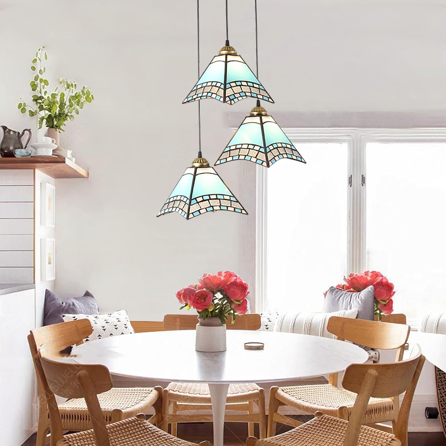 3-Light Pendant Lamp Tiffany Style Stained Glass Kitchen Island Lights Blue Lampshade Vintage Ceiling Lighting Fixture for Kitchen Island Dining (Blue A) (Light Blue A)