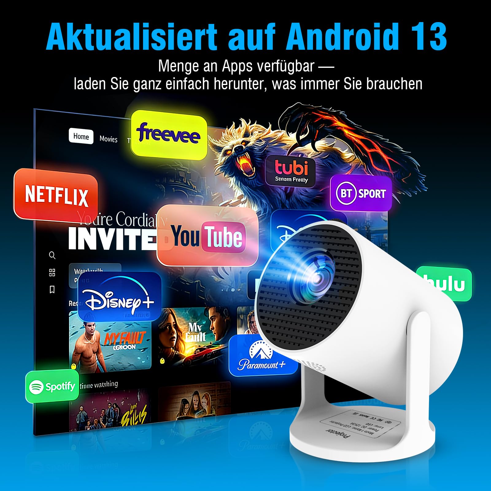 Tragbarer Mini Beamer 4K mit WiFi 6 und Bluetooth, Kleiner Projektor für unterwegs, 360° drehbarer Fuß, Powerbank-Anschluss und Handy-Kopplung, ideal für Heimkino und Portable Projector 4K Erlebnisse