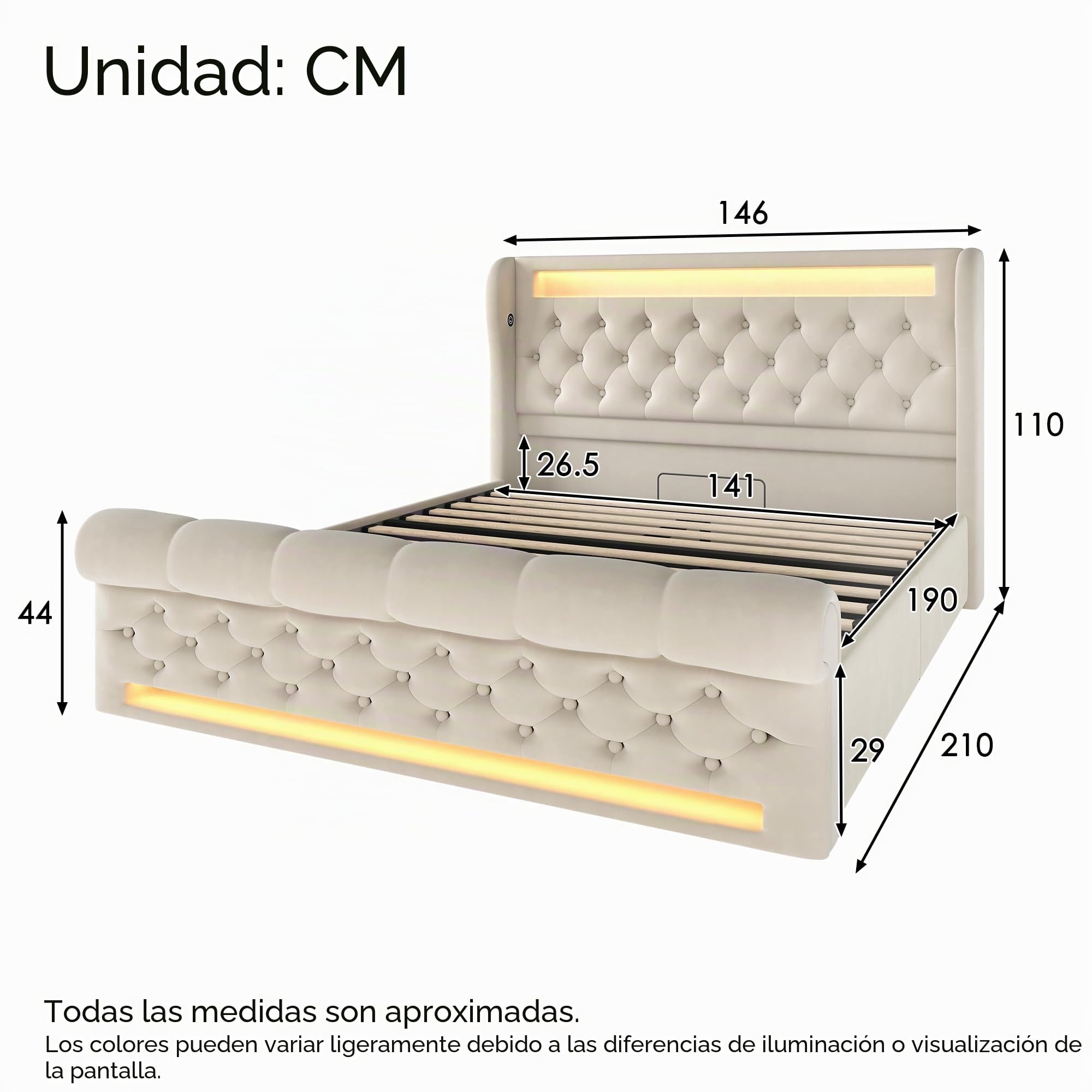 Cama 140x190 cm Camas Juveniles con USB-C y Luz LED, Cama Matrimonio Tapizada con Almacenamiento Hidráulico y Listones de Madera, Camas Matrimoniales, Terciopelo, Sin Colchón, Beige
