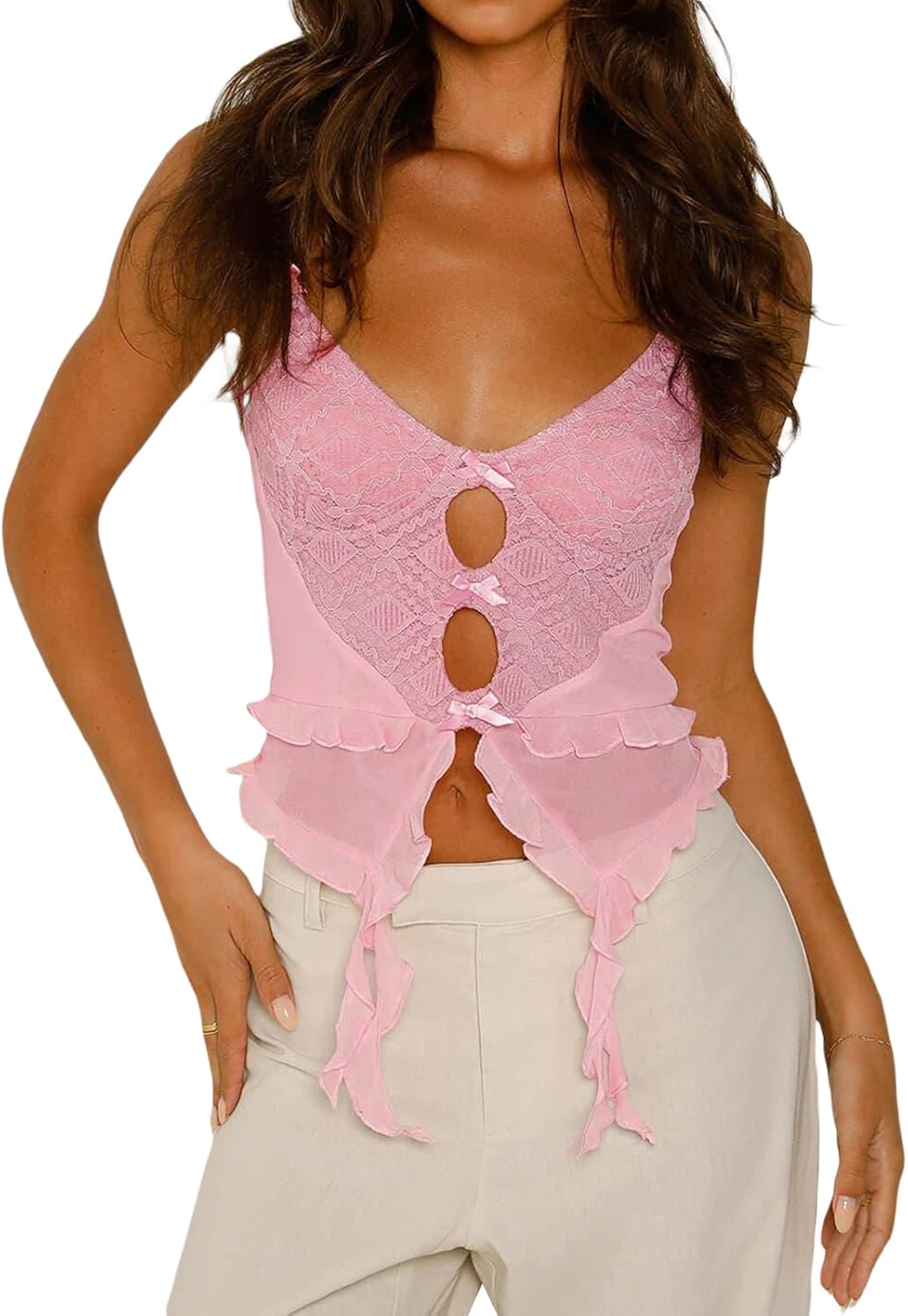 Pivanzore Women's Y2K Lace Cami Tank Top Sexy Mesh See