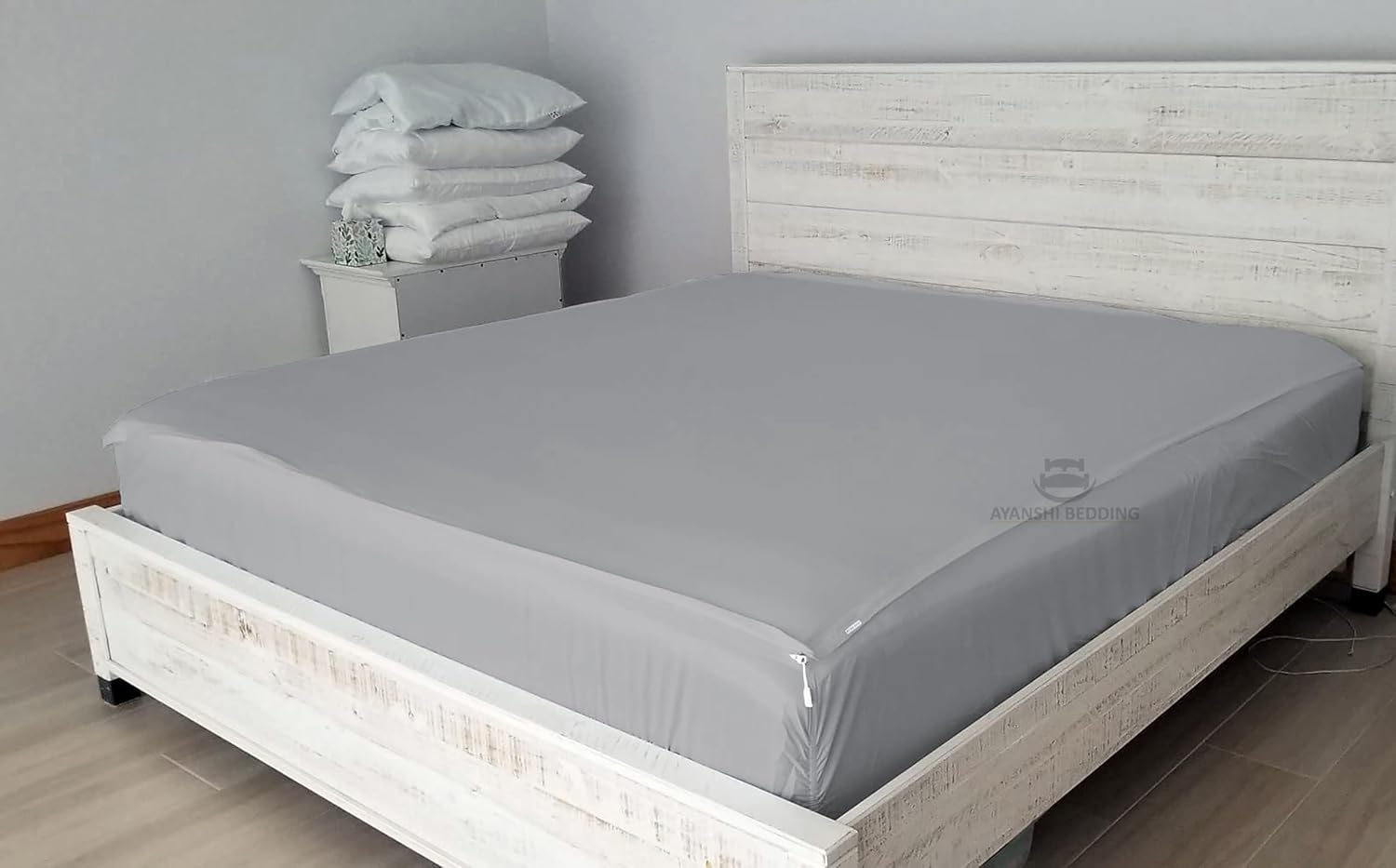 Zip On Fitted Sheets King Size 78X80 - Includes 2 Zip-On Sheets & 1 Fitted Sheet Base - Fits 12” in. Deep Pockets King Size Zipper Sheets - Fast, Safe & Easy Cotton Fitted Sheet - Silver Grey