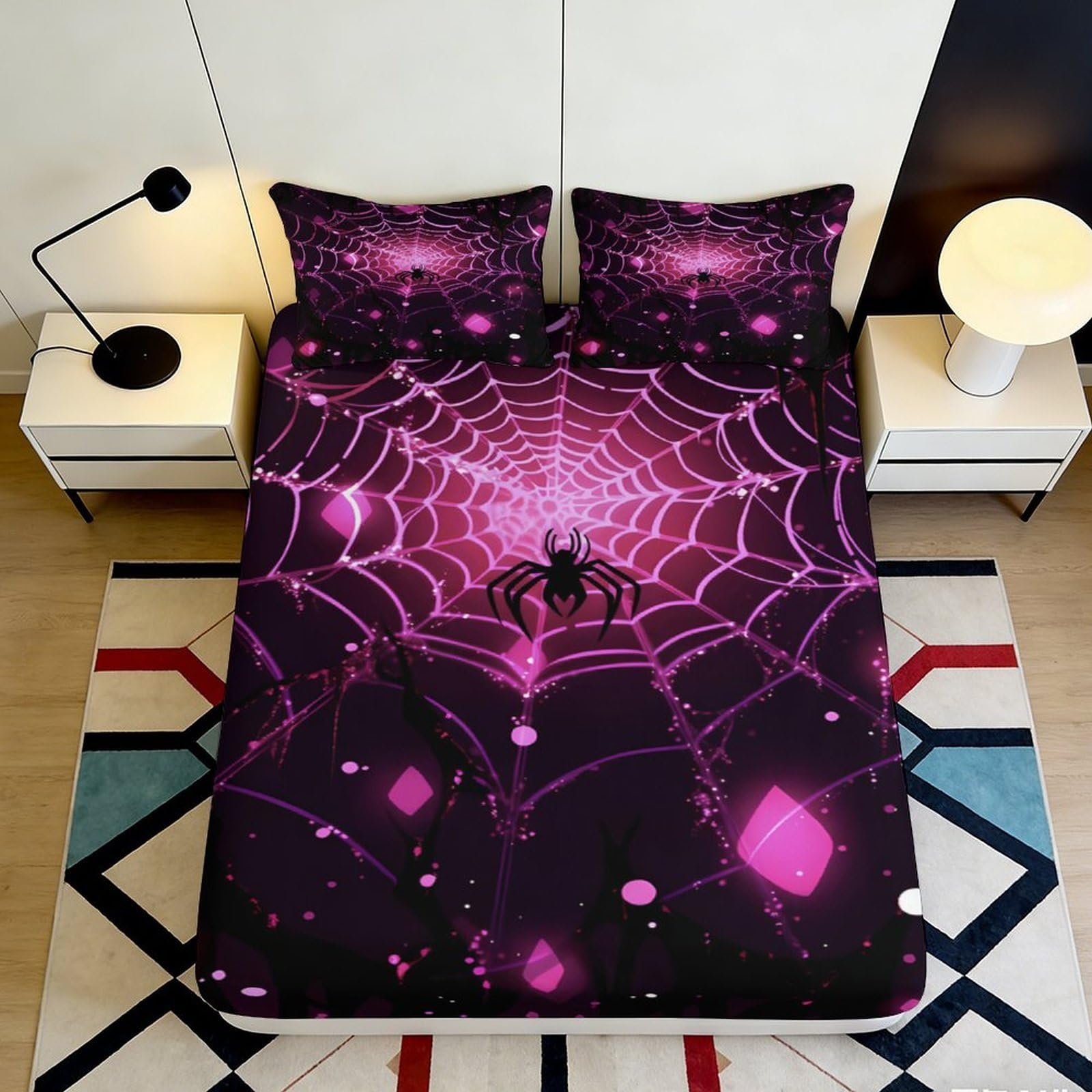 Uxinyoume Style-8 3D Printed Purple Spider Web Fitted Sheet Microfiber Soft Non-Slip Mattress Cover Gothic Bedroom Dorm Decor 90X200x25cm