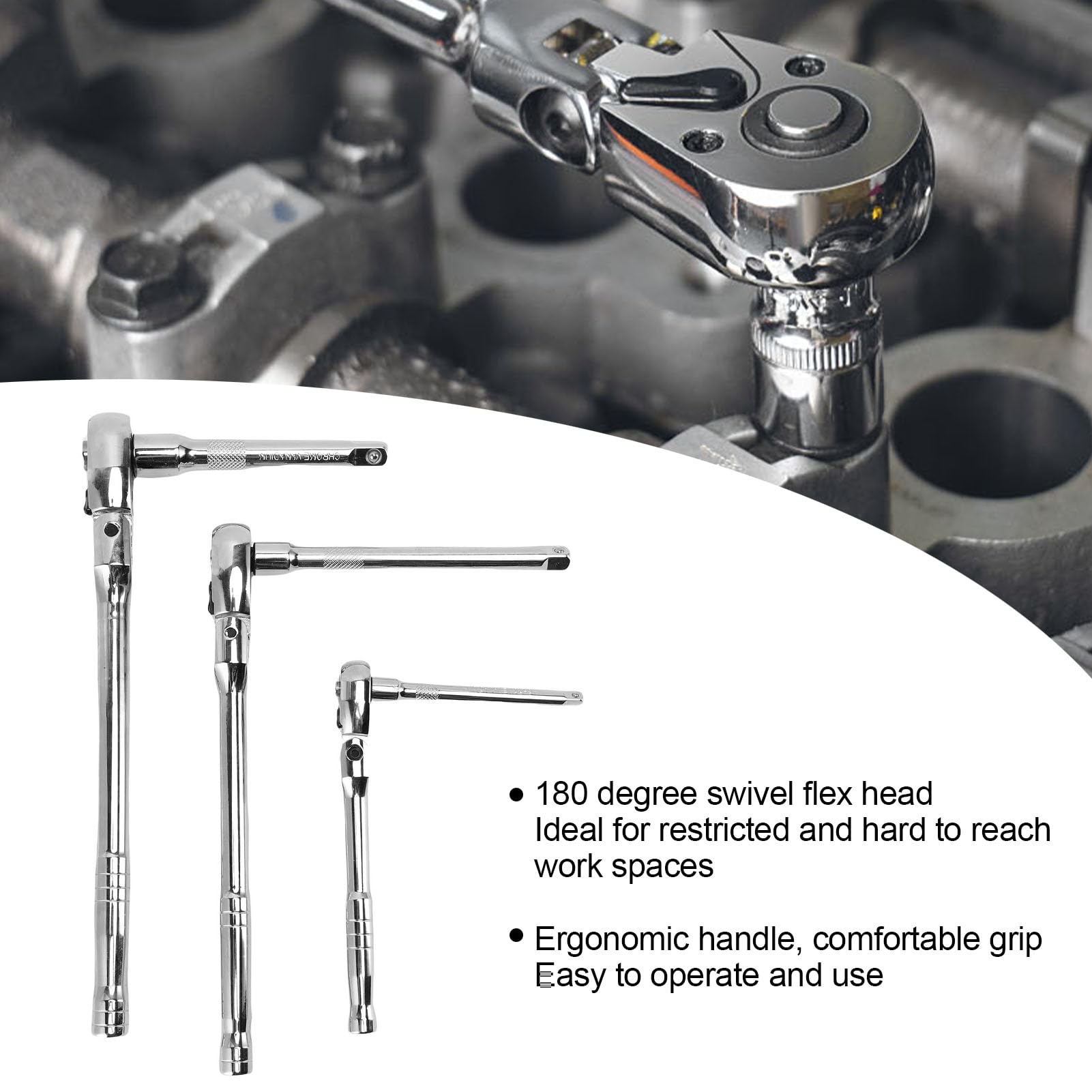 Jiawu 6-częściowy zestaw grzechotek z elastyczną głowicą, 1/4", 3/8", 1/2", grzechotka z obrotową głowicą i przedłużką, 72 zęby,regulacja 180°,szybkie zwalnianie,elastyczna rękojeść