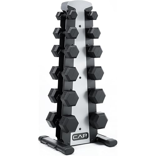 CAP Rubber Coated Hex Dumbbell Set with Storage Rack | 100–210 lb Options, Space-Saving Vertical Compact Storage for Home Gym Strength Training